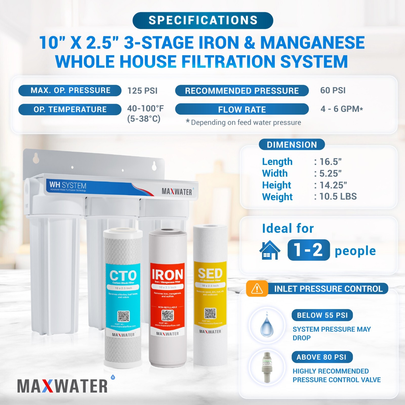 Max Water 3 Stages 10″x 2.5″ 3/4″ Port Whole House Iron Manganese Water Filter