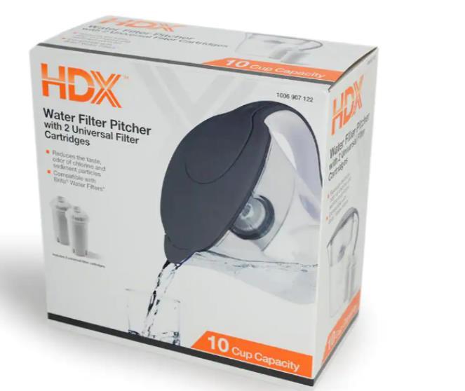HDX 10-Cup Large Water Filter Pitcher w/ 2 Universal Filters-BPA Free-Free Ship!