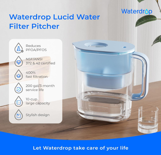 Waterdrop Water Filter Pitcher with 1 Filter, 200-Gallon Long-Life, 10-Cup Large