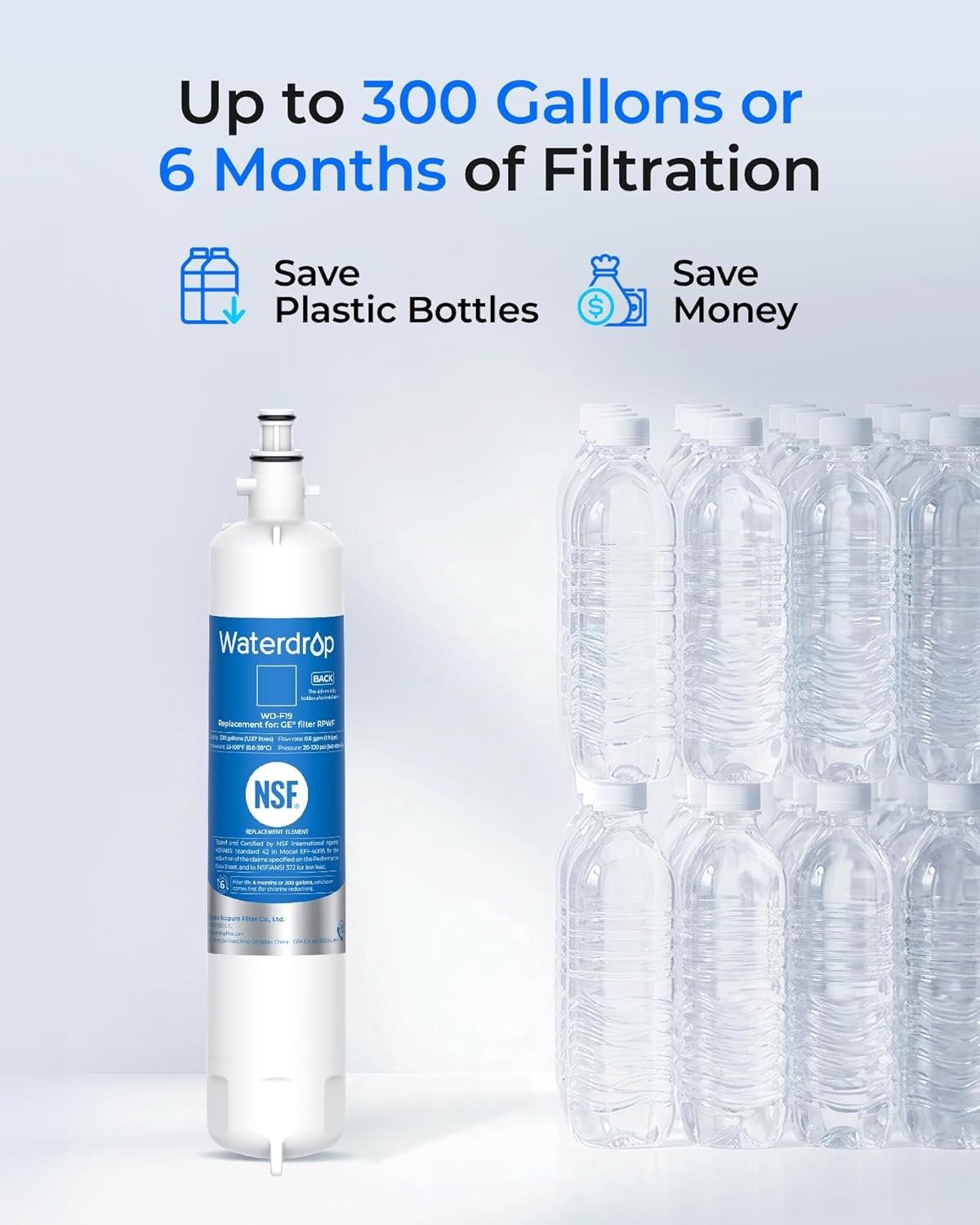 Waterdrop RPWF Refrigerator Water Filter, replacement for GE® RPWF, 6 Pack