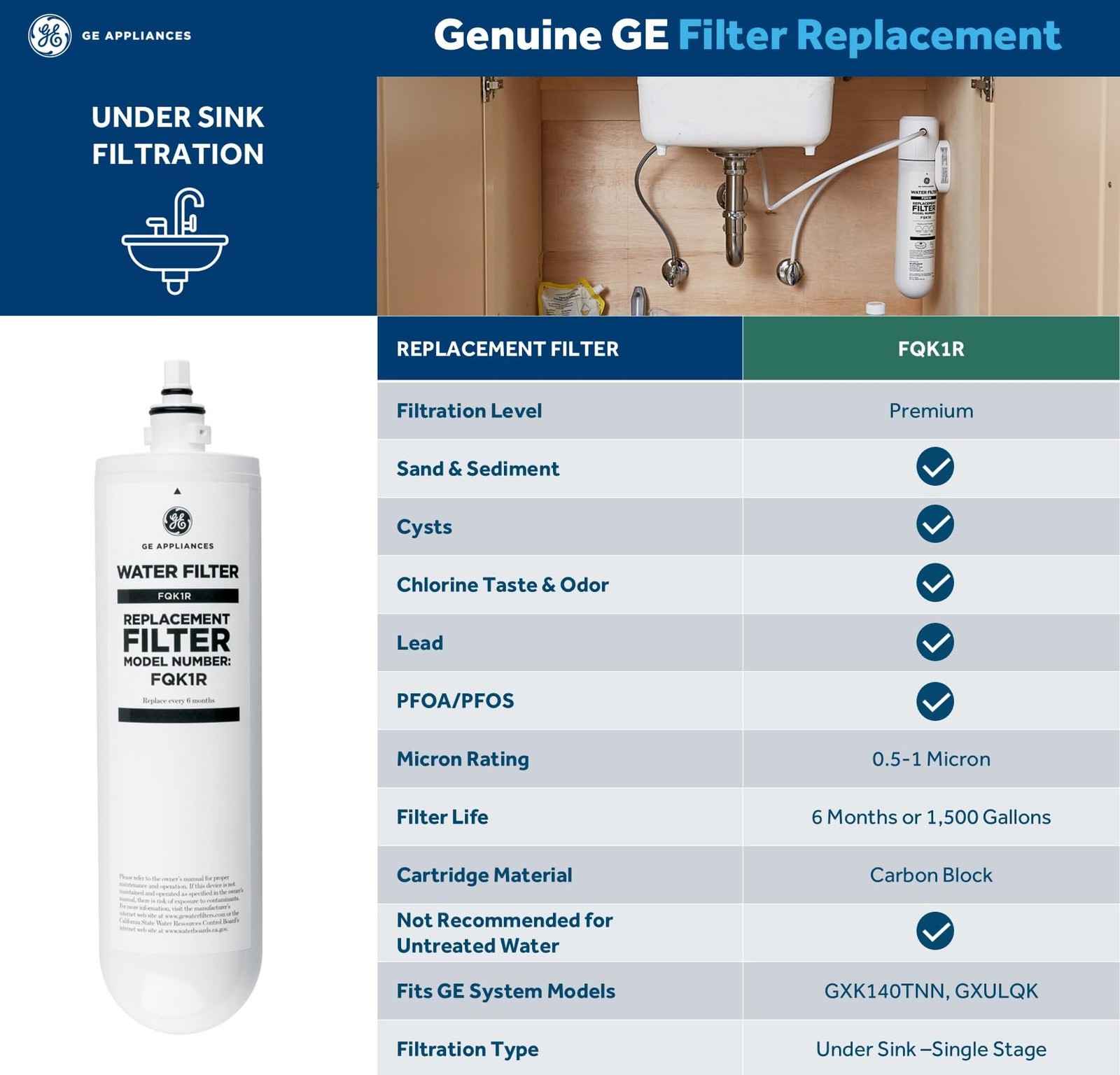 GE Single Stage Under Sink Water Filtration System, Reduces 95+ Impurities