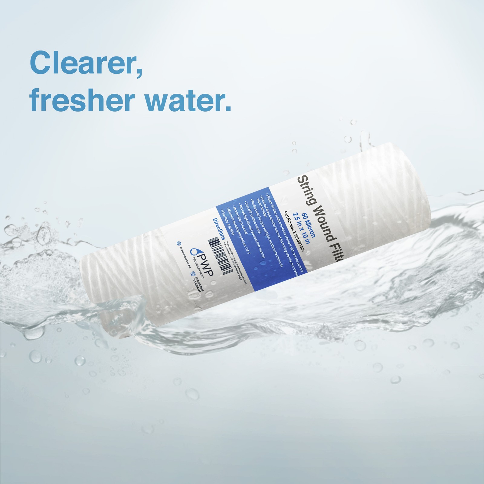 String Wound Sediment Water Filter Cartridge Standard 2.5×10″ 50 Micron 4 Pack