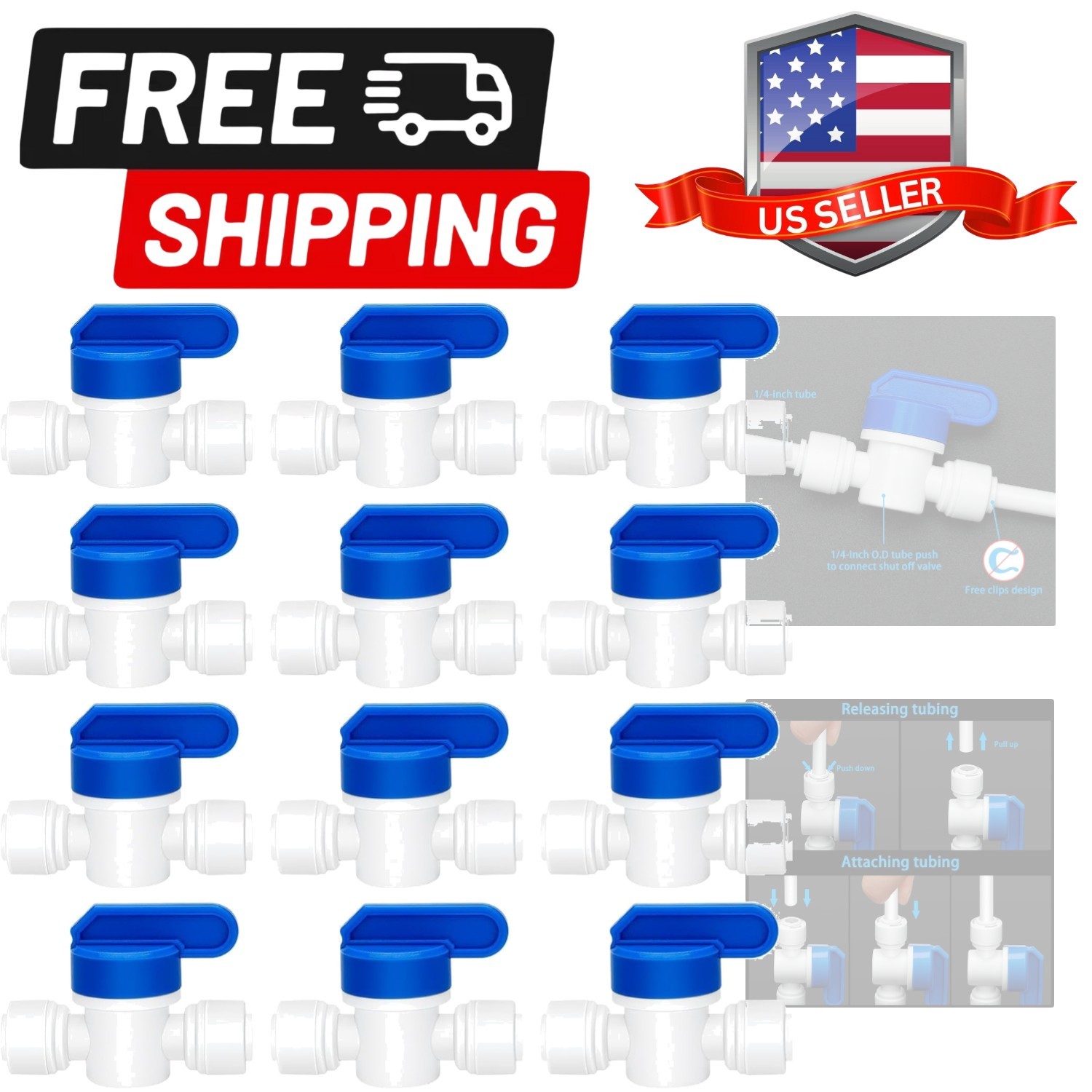 12 Pack 1/4″ Push to Connect Ball Valves – Inline Shut-Off Quick Connect Fitt…