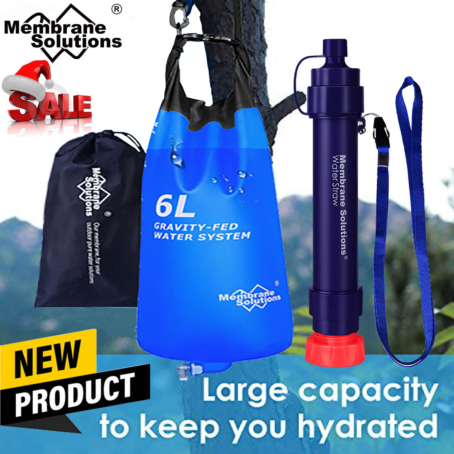 Water Filter Straw w/Gravity-Fed Water Bag 6L,Outdoor Portable Purifier Survival