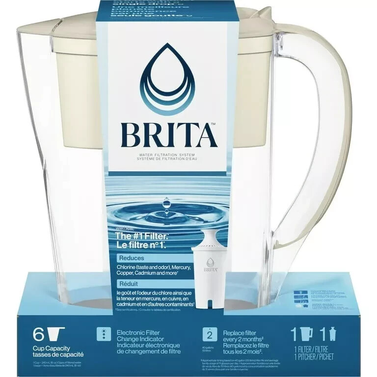 Brita Space Saver Plastic 6-Cup Water Filter Pitcher, Beige
