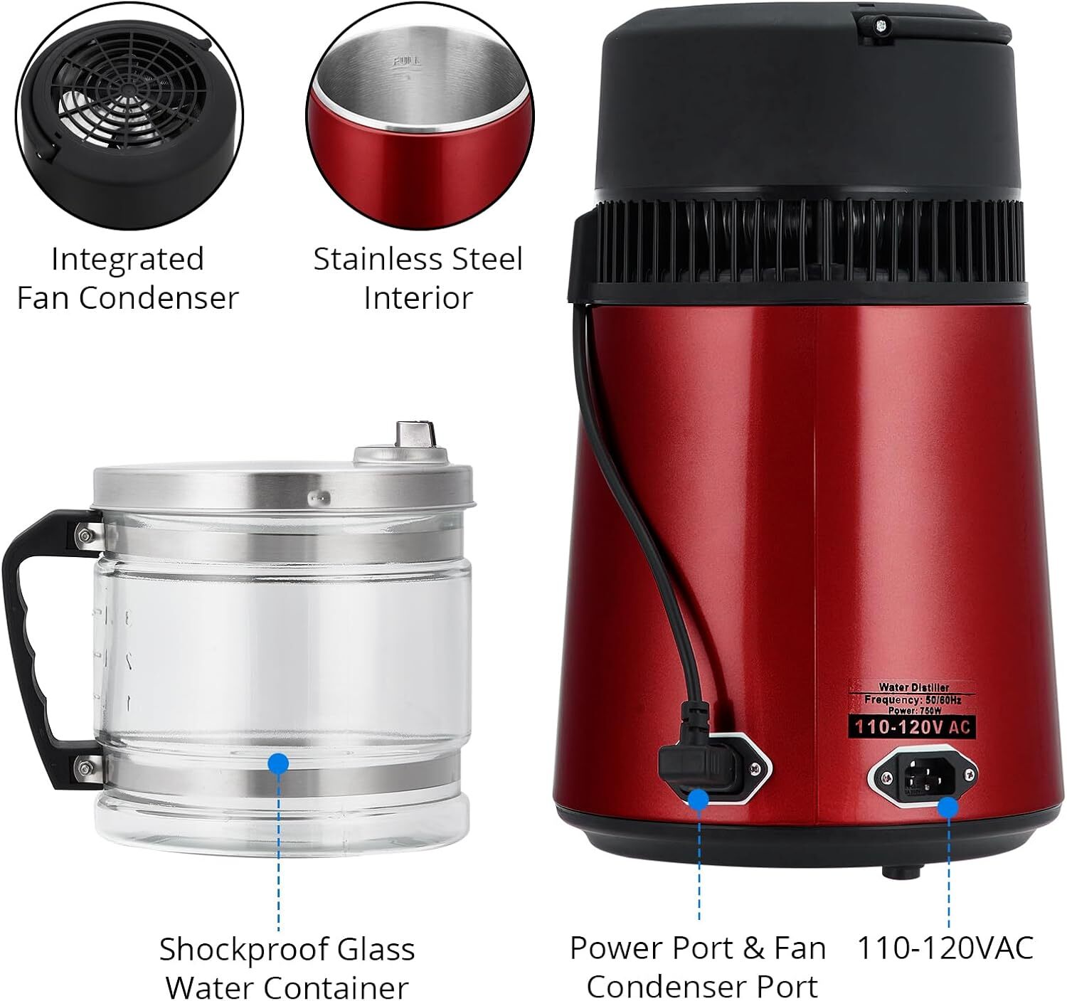 4L Stainless Steel Water Distiller 750W with Glass Jug, Gold/Red/Silver