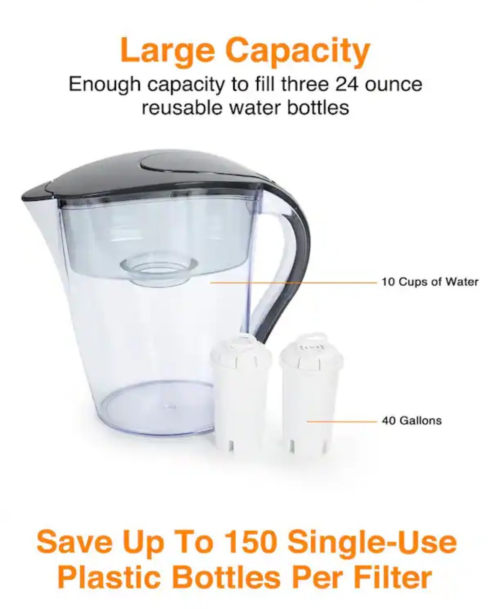 HDX 10-Cup Large Water Filter Pitcher w/ 2 Universal Filters-BPA Free-Free Ship!