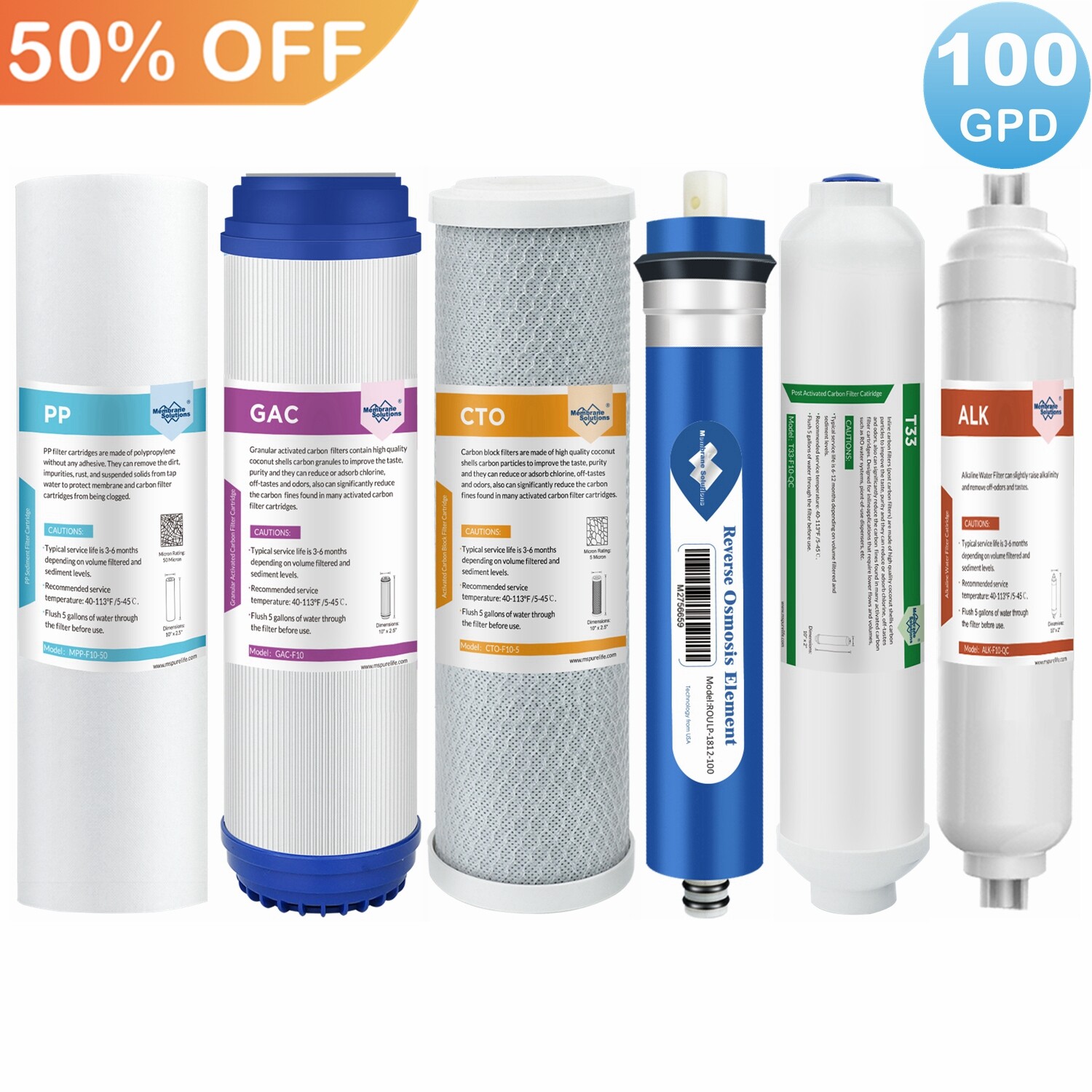 6 Stage 100 GPD RO Membrane Reverse Osmosis System pH Alkaline Water Filter Set