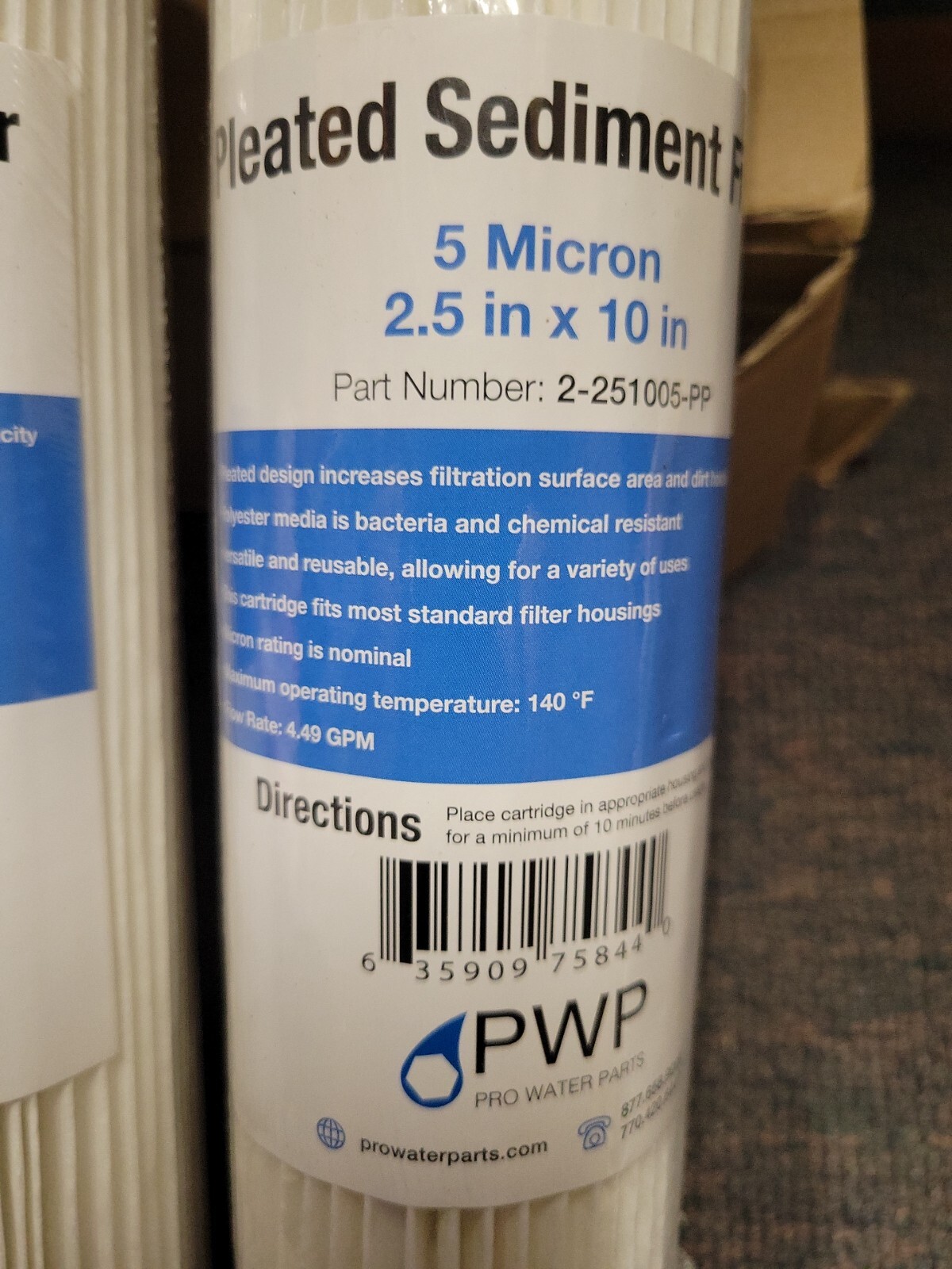 Pleated Poly Sediment Water Filter Cartridge Standard 2.5×10″ 5 Micron 2 Pack