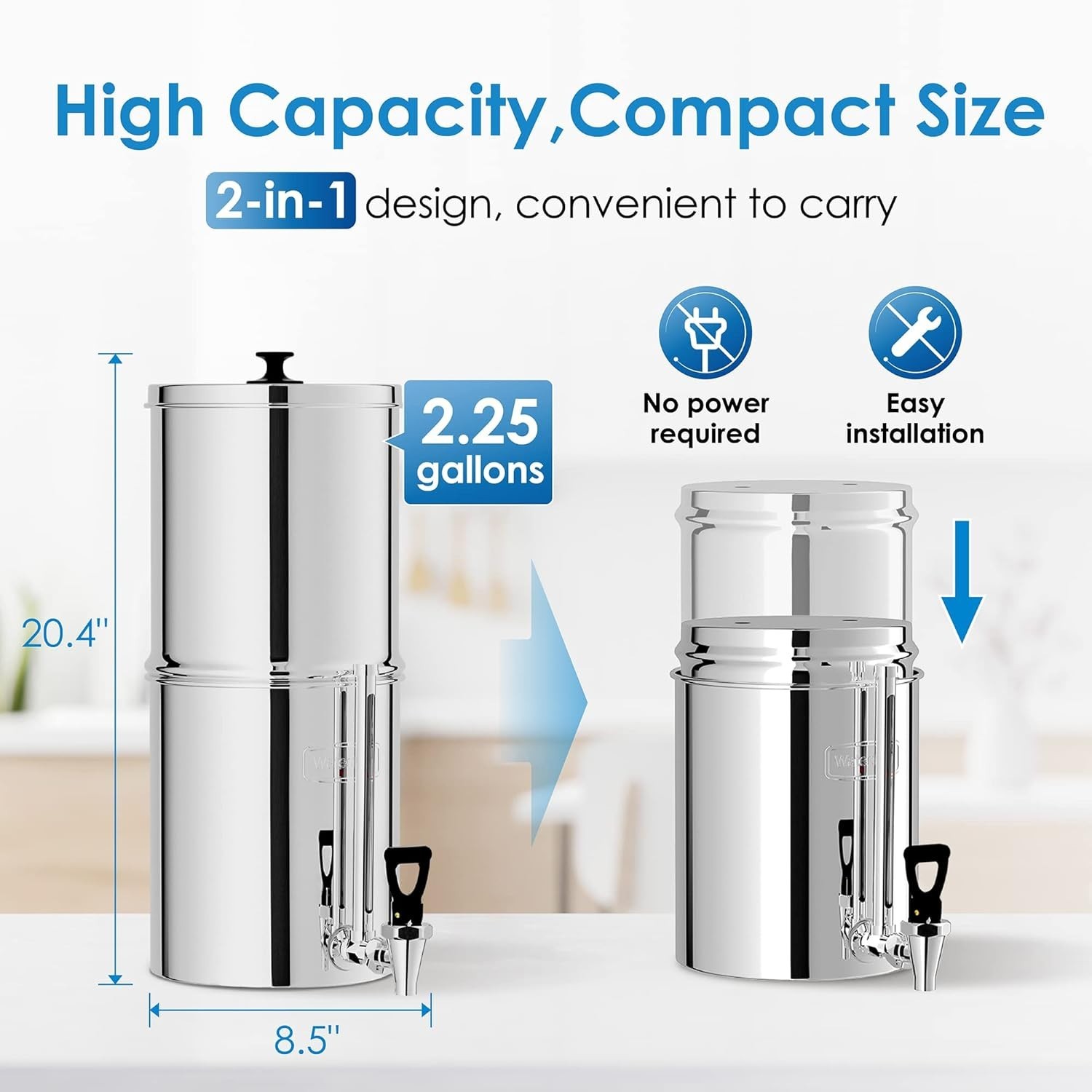AQUA CREST 2.25G Gravity-fed Water Filter System with Sight Glass Spigot（1+2）