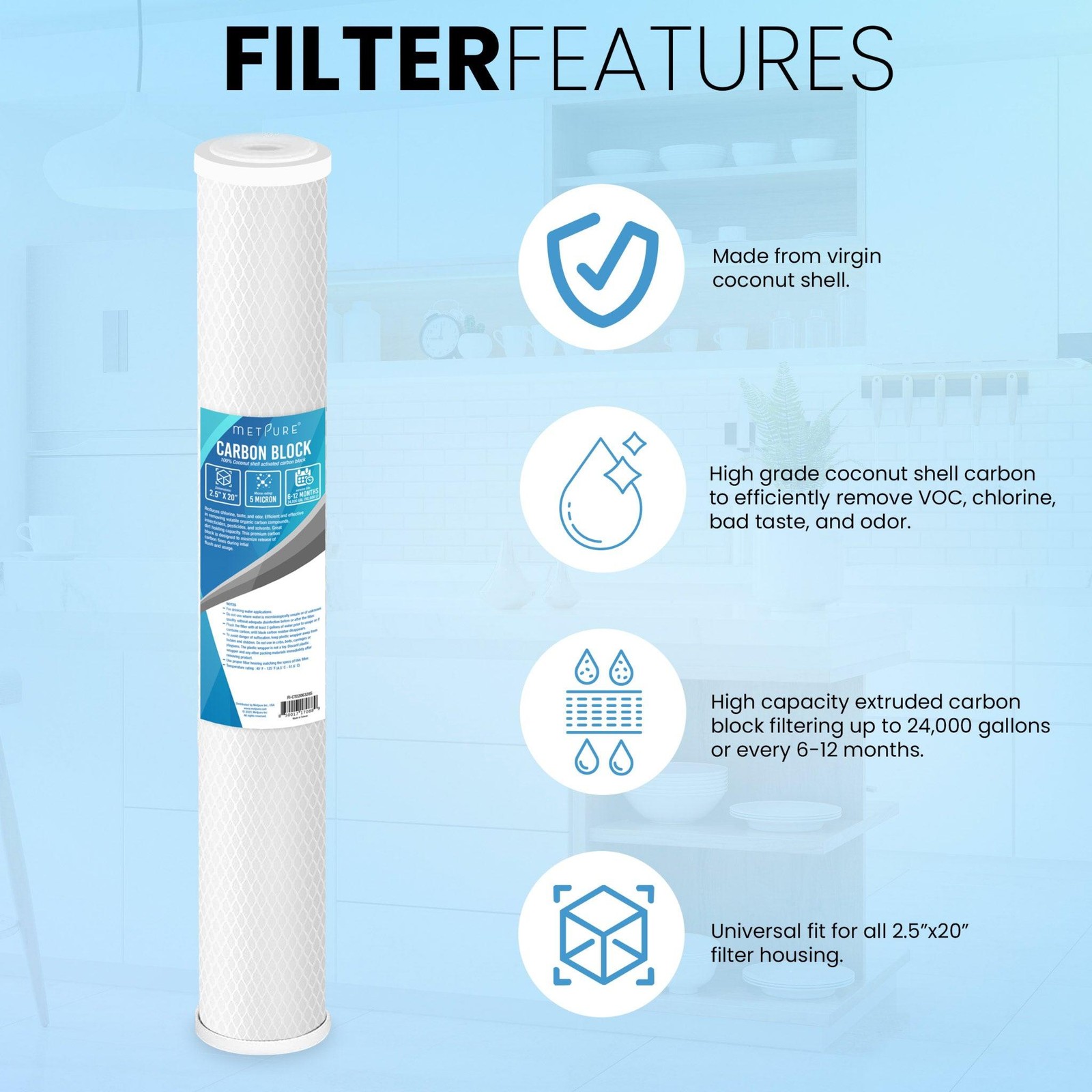 1 to 12 Pack 20” x 2.5” Whole House Carbon Block Water Filter Replacement- 5 Mic