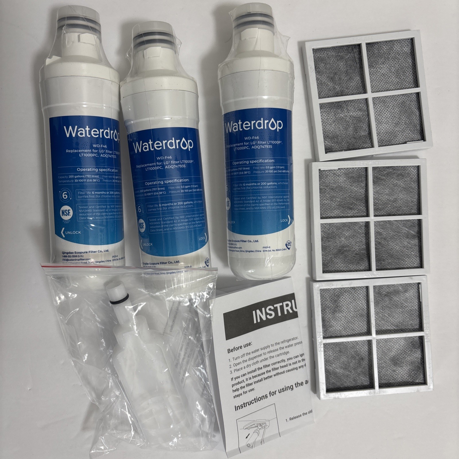 Waterdrop refrigerator Filters WD-F46 with 3 air filters-Open box, pack of 3