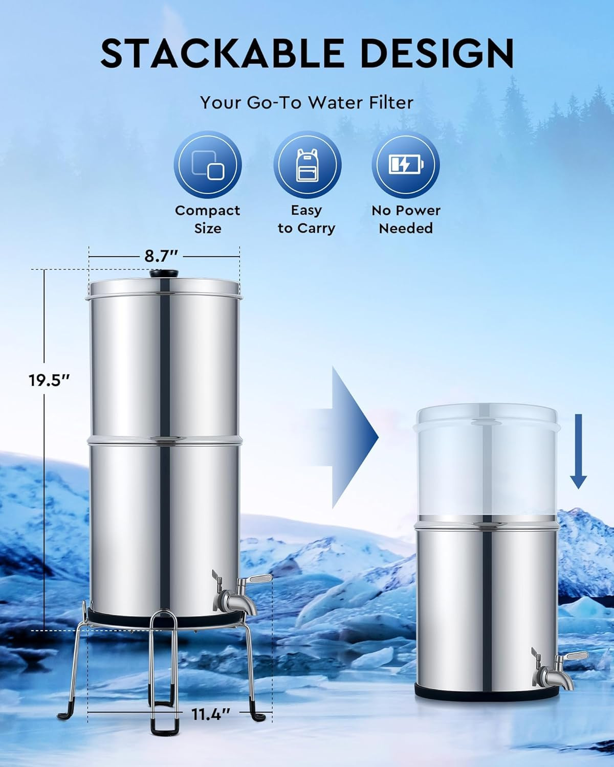 Stainless Steel Gravity Water Filter System with 2 Carbon Filters, 2.25 Gal