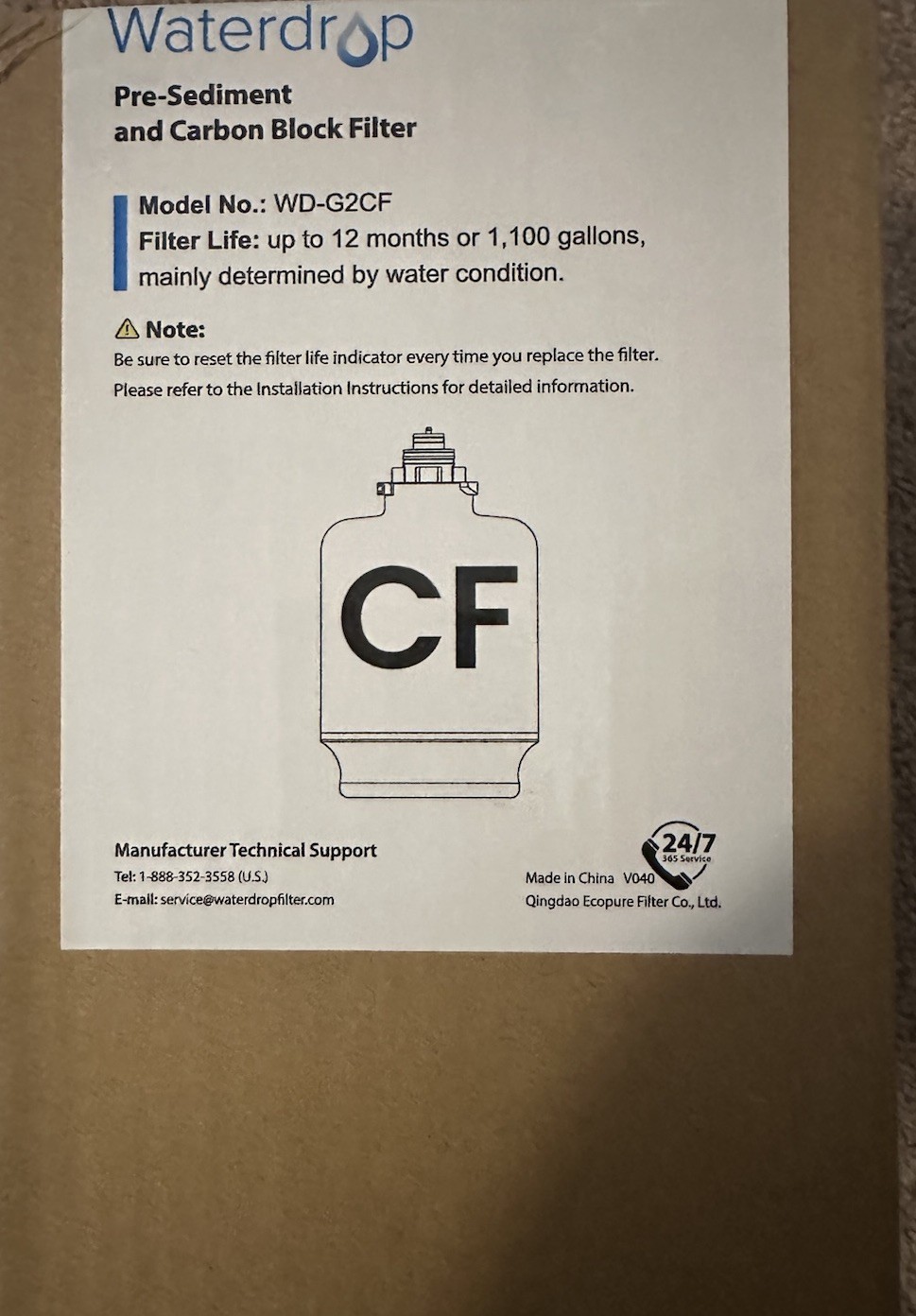 Waterdrop WD-G2CF Filter, 12-month Lifetime, Used for Reverse Osmosis System