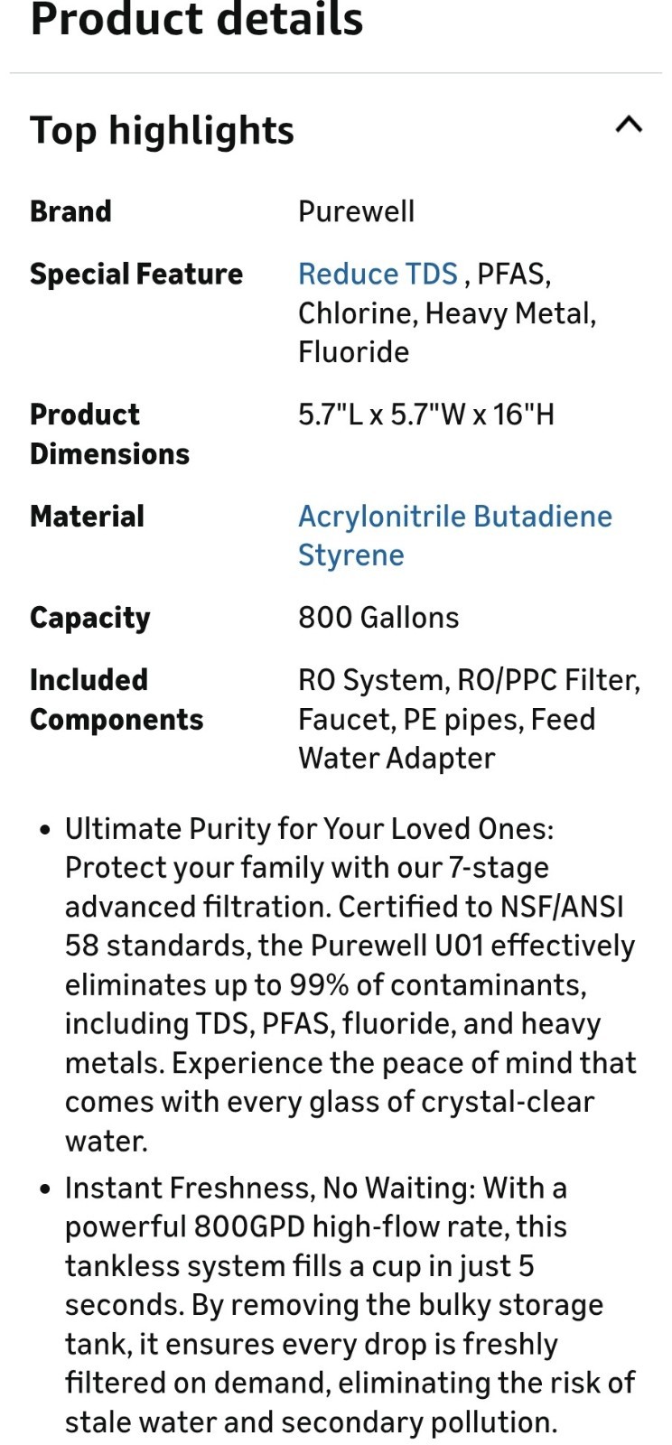 PUREWELL U01 Tankless Filtration RO Reverse Osmosis 800GPD Water Filter NO ELEC.