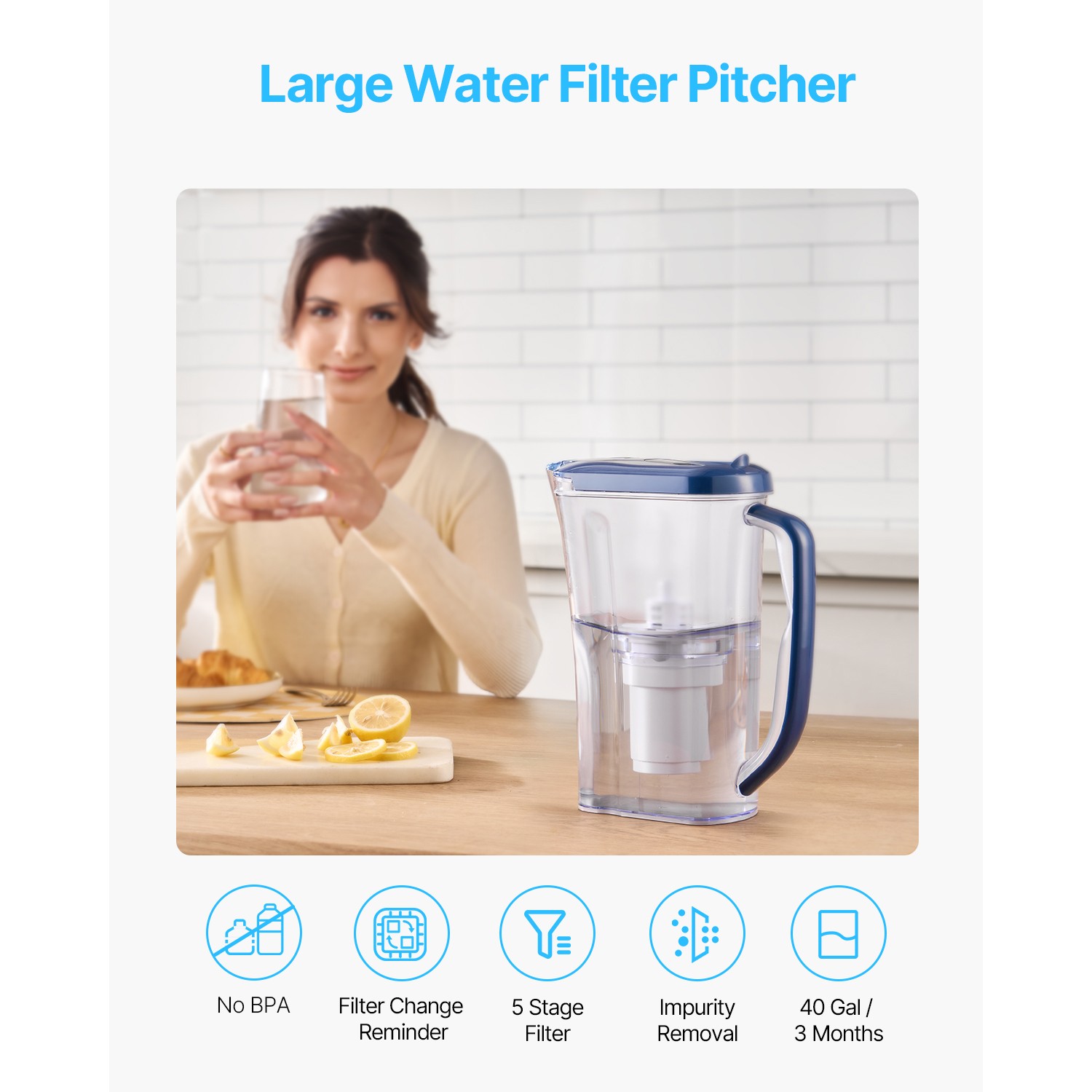9-Cup Water Filter Pitcher w/5-Stage Filtration, 40 Gal Cap, BPA-Free, Blue