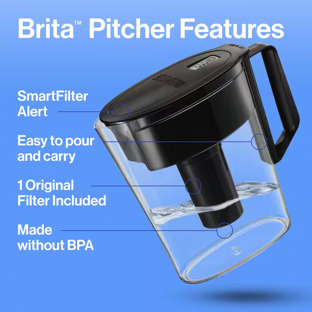 Denali 6 -Cup Small Water Filter Pitcher in Black with 1-Standard Filter, BPA Fr