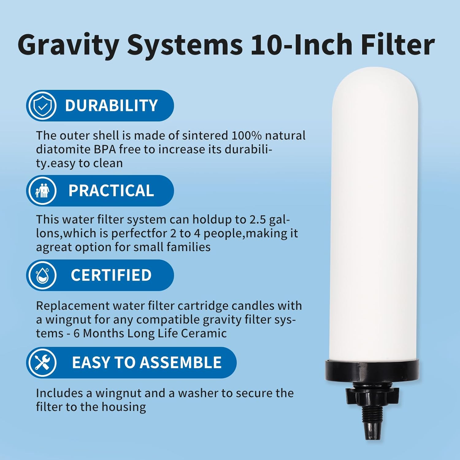 2 Pack 7in Ceramic Water Filter Candle Activated Carbon Gravity Countertop