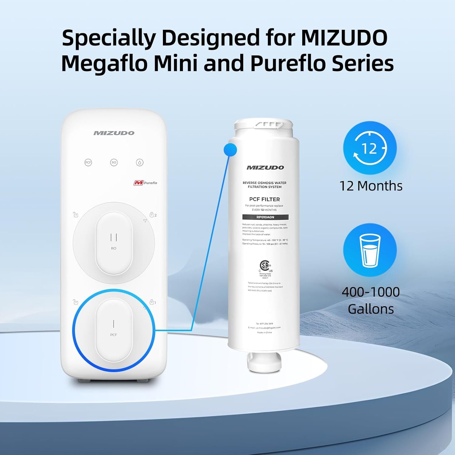 PCF For MIZUDO Reverse Osmosis System 400-1000GPD 8 Stage Under Sink 3:1 PtD