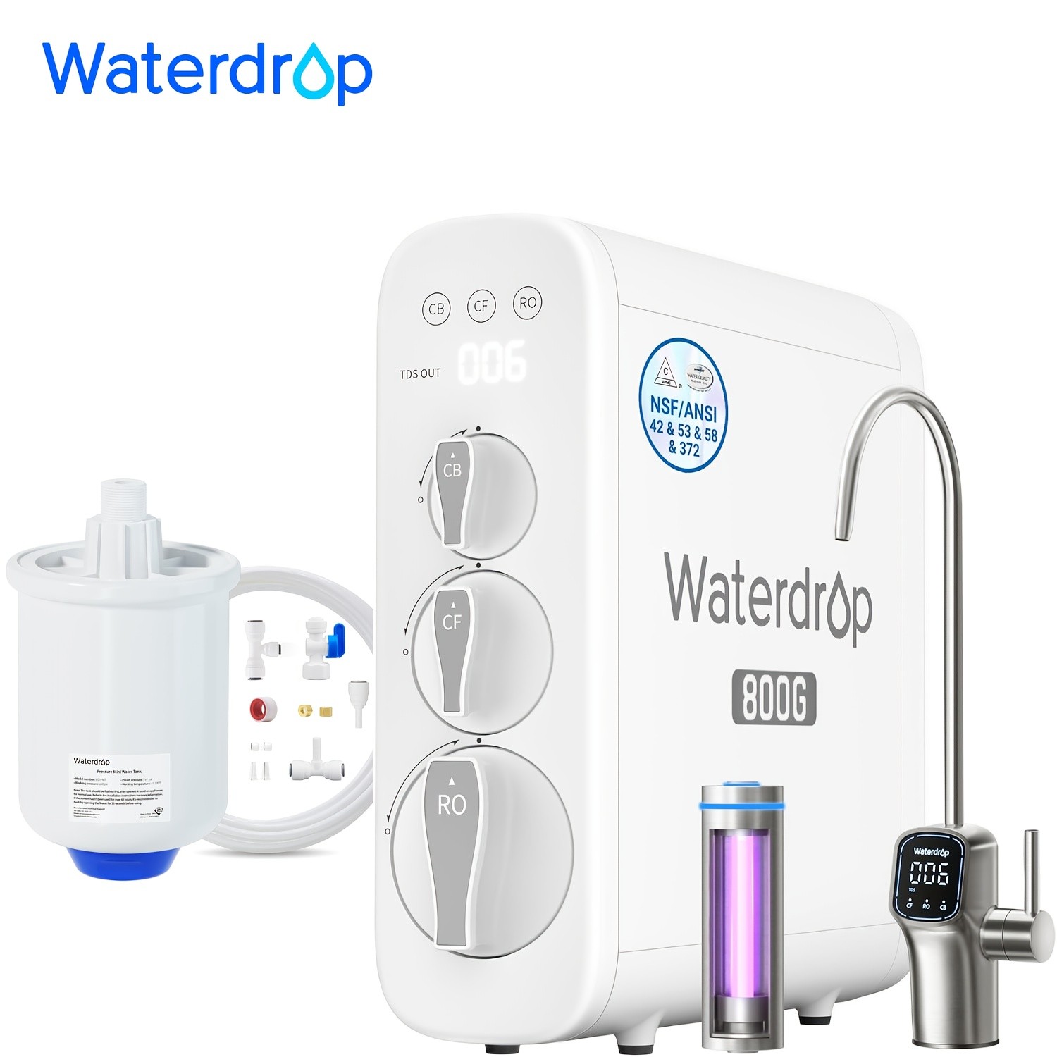 Waterdrop G3P800 Reverse Osmosis System, Extra PMT Small Water Pressure Tank