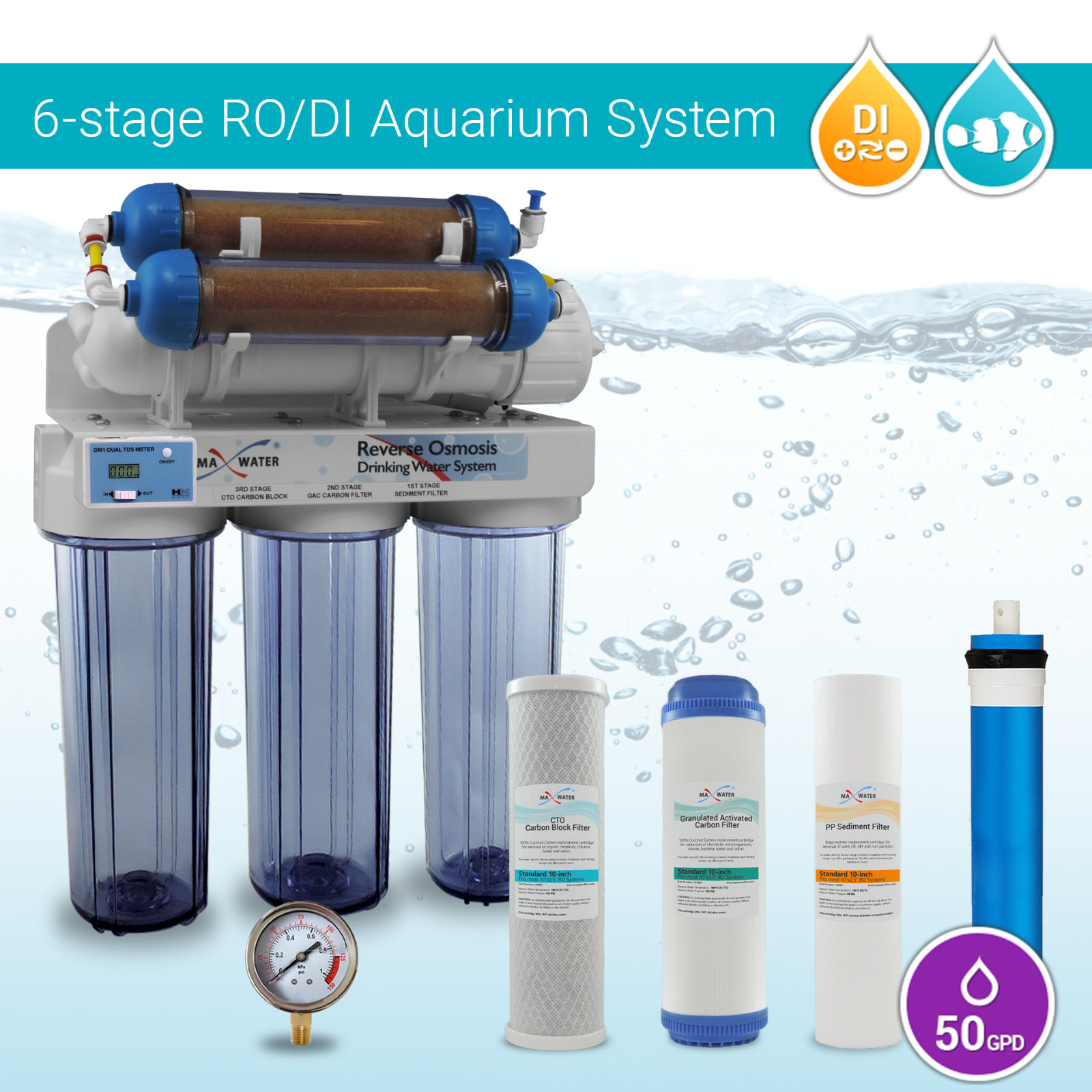 6 Stages 50 GPD Aquarium Reverse Osmosis System RO DI + HM Inline TDS Meter