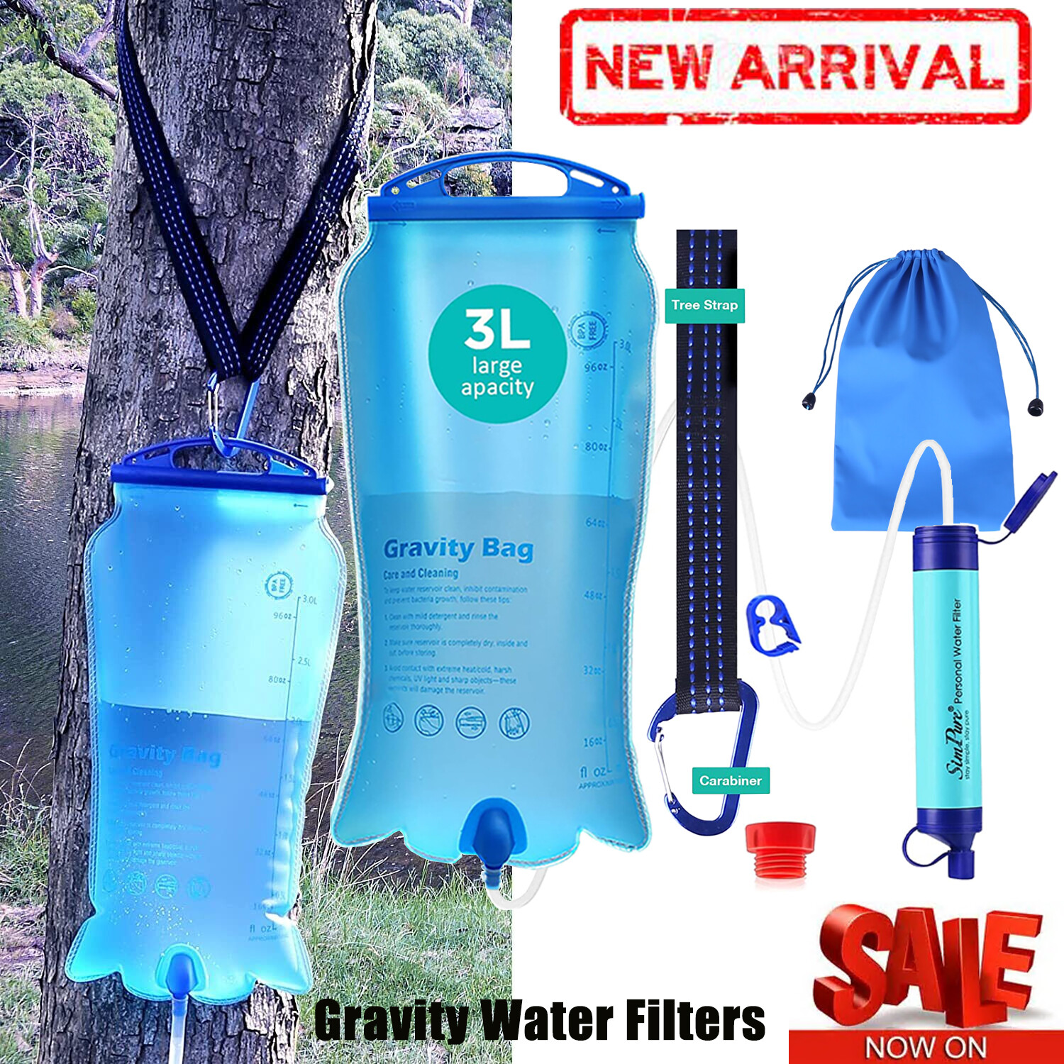 Gravity-Fed Water Filter Straw 3L Bag,Versatile Hiker Water Purifier Tree Strap