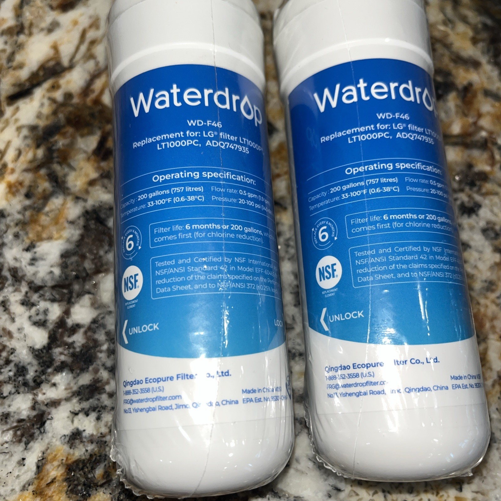 2 Waterdrop Model WD-F46 Refrigerator Water Filter Replacement New Sealed