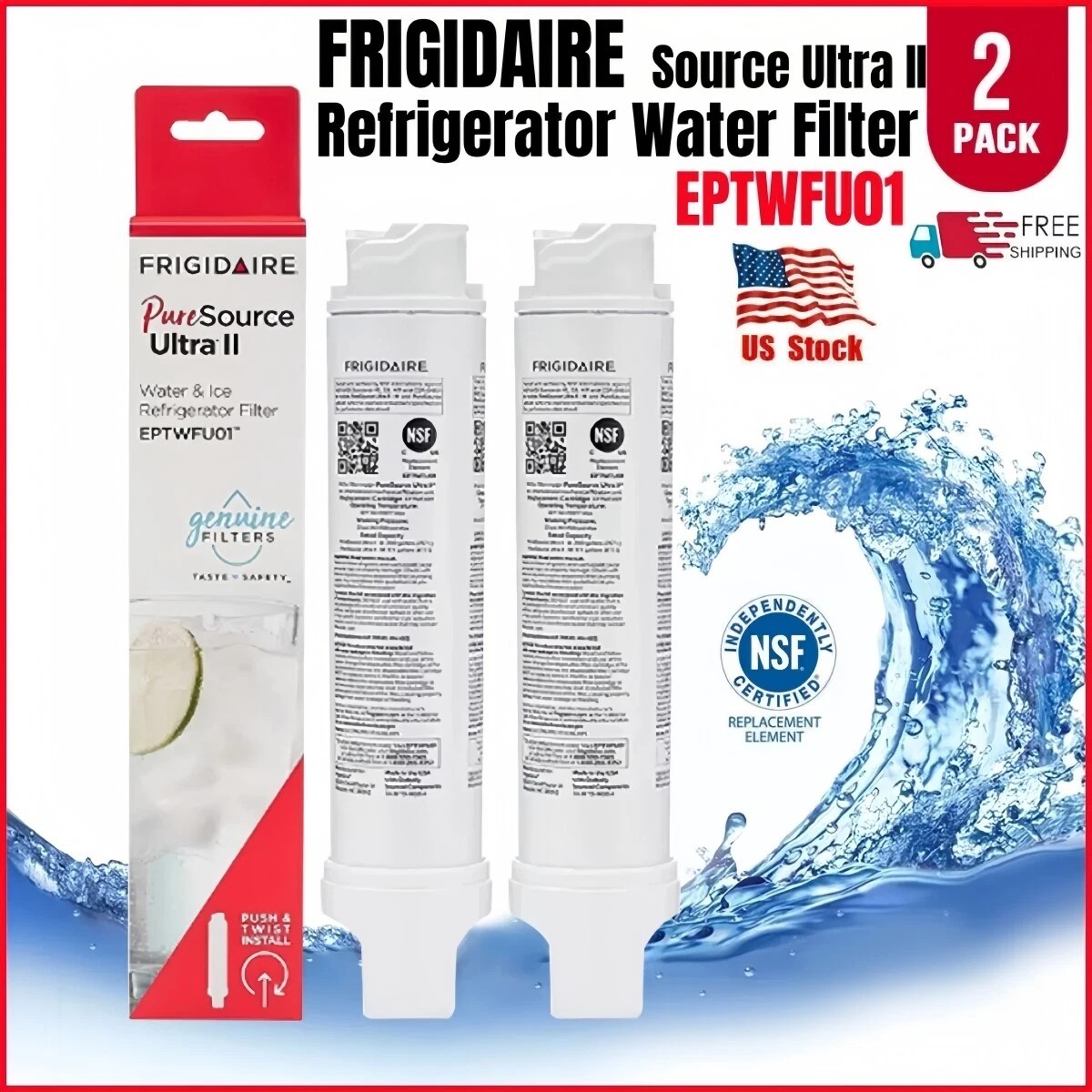 2 PACK NEW Frigidaire EPTWFU01 Pure Source Ultra II Refrigerator Water Filter