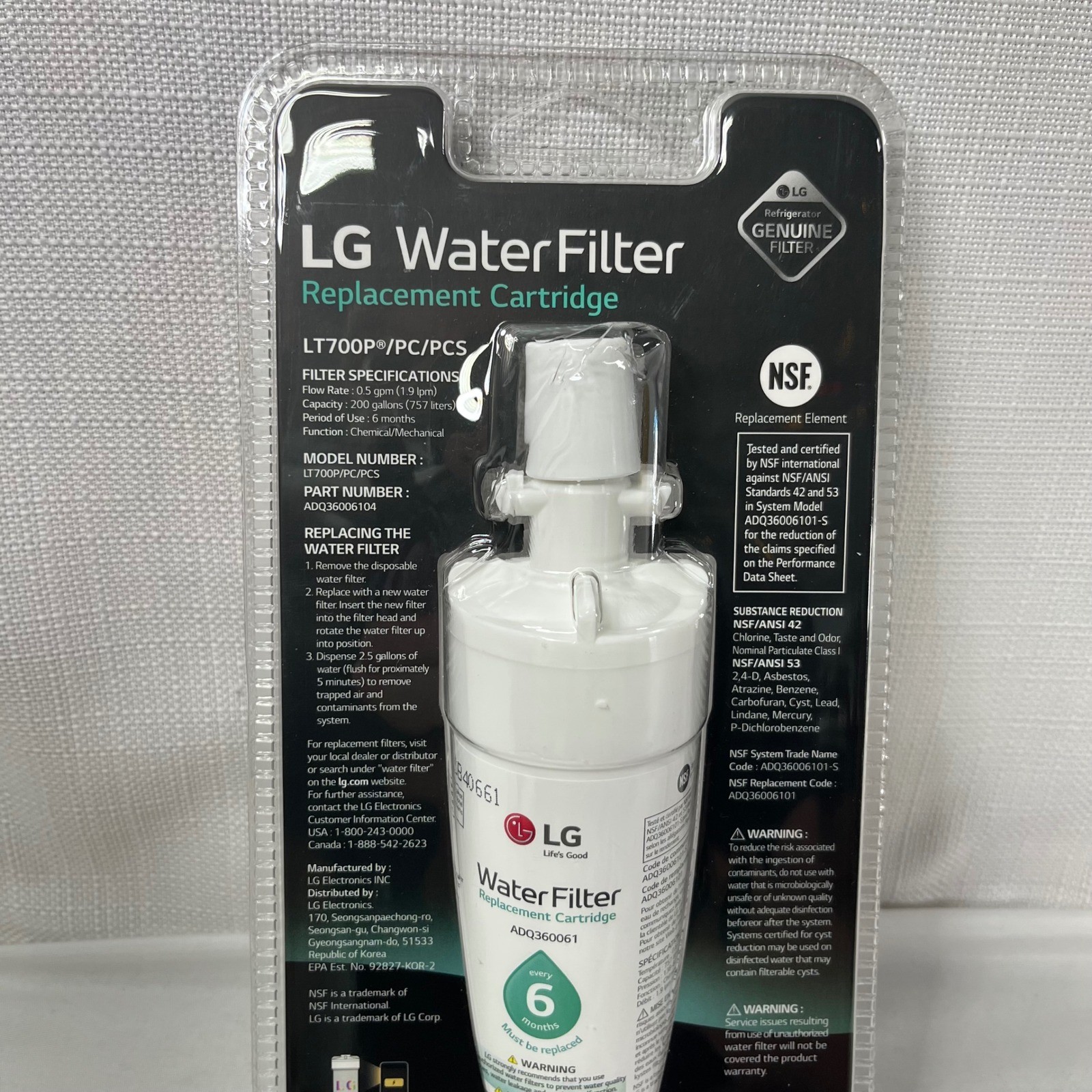 LG LT700P Refrigerator Water Filter ADQ36006104 Replacement Cartridge Genuine