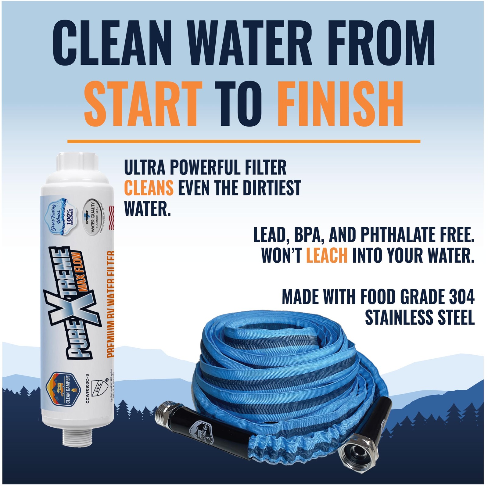 Clean Camper RV Drinking Water Hose & Filter Bundle, Silver