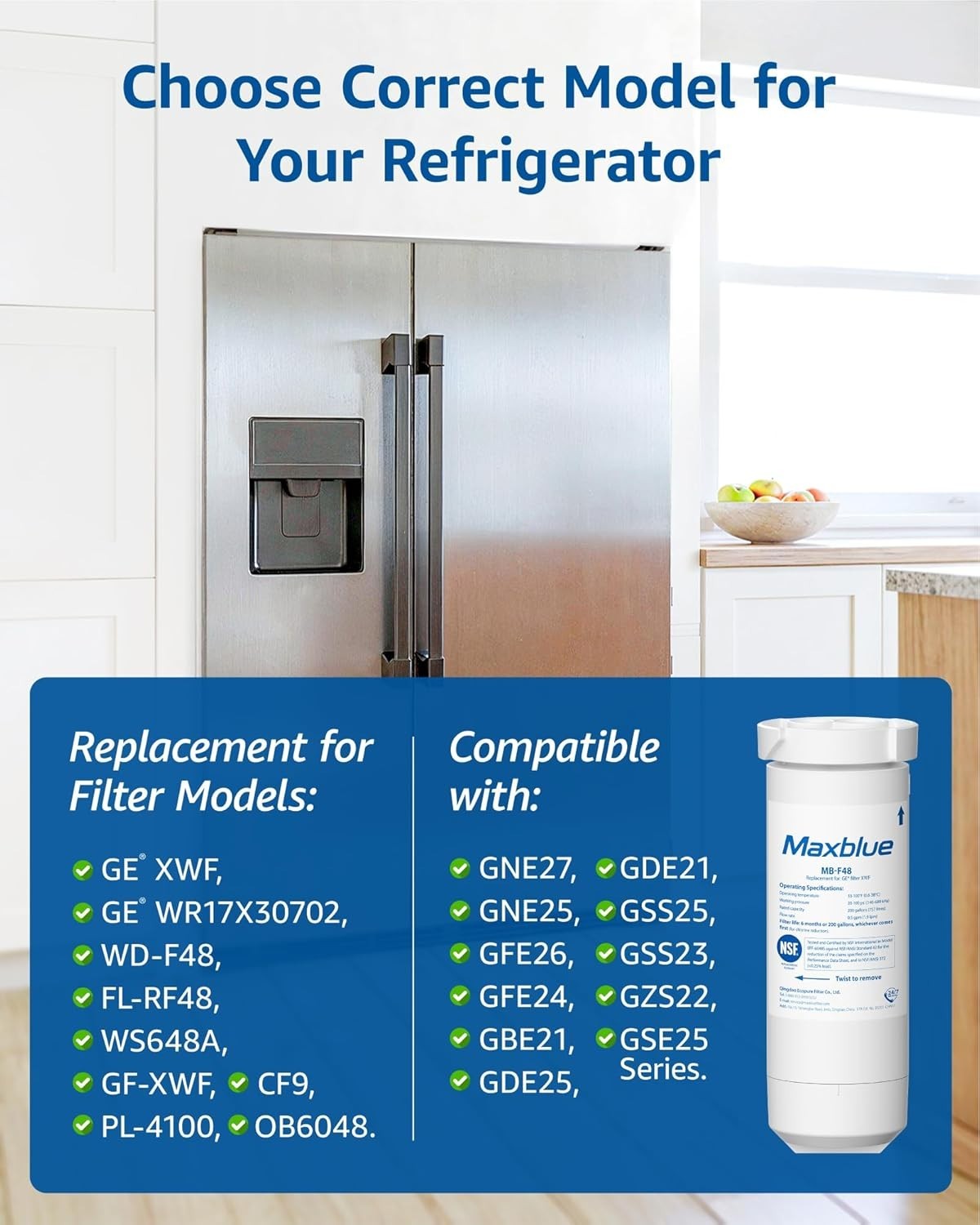 Maxblue XWF Refrigerator Water Filter Replacement for GE® XWF,3 PACK (Not XWFE®)