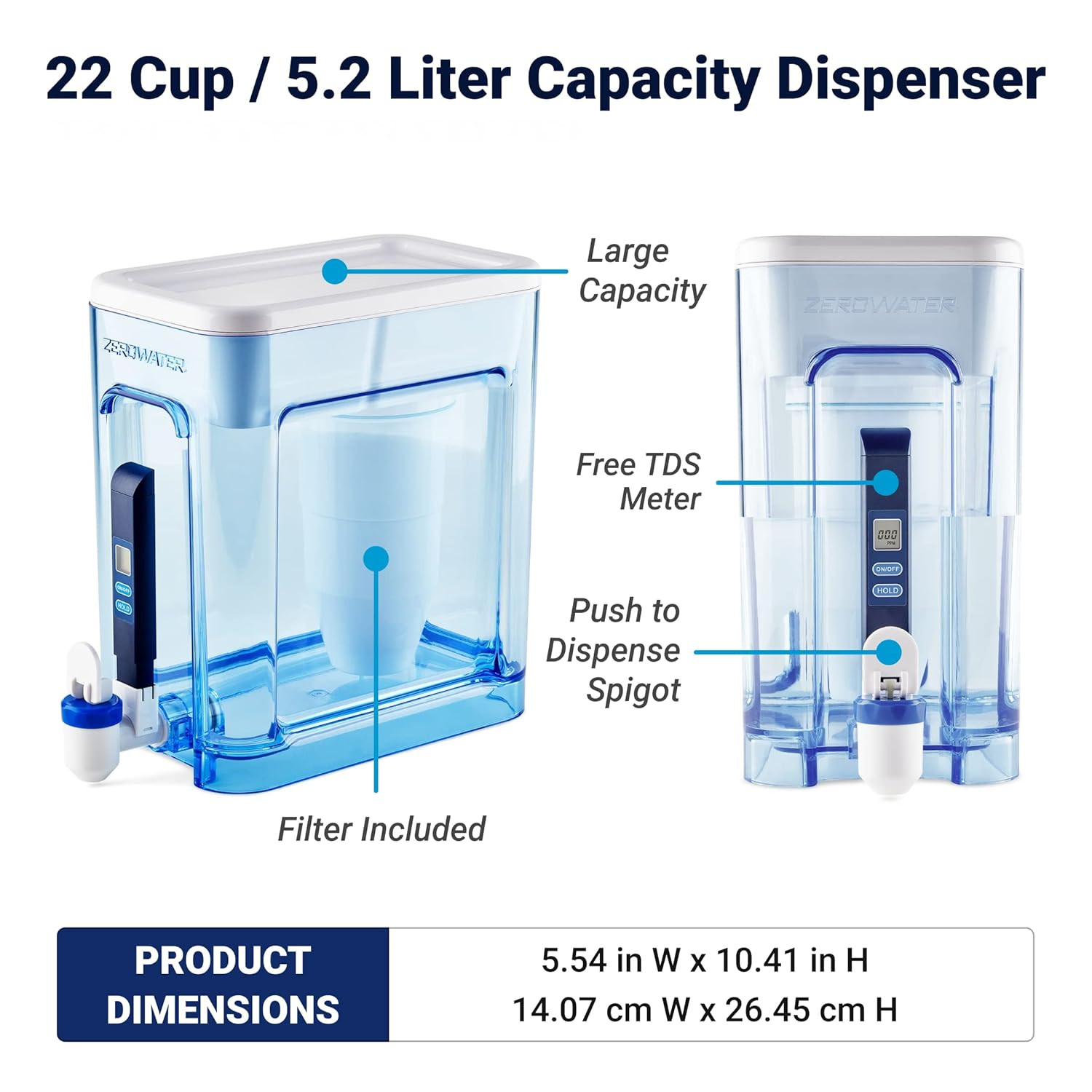 Zerowater 22-Cup 5-Stage Water Filter Dispenser with Instant Read Out – 0 TDS fo