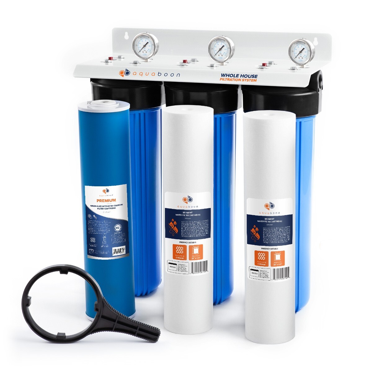 3-Stage Big Blue 20″ Whole House System 1″ Port+,GAC, 2 Sediment Filters,Gauge