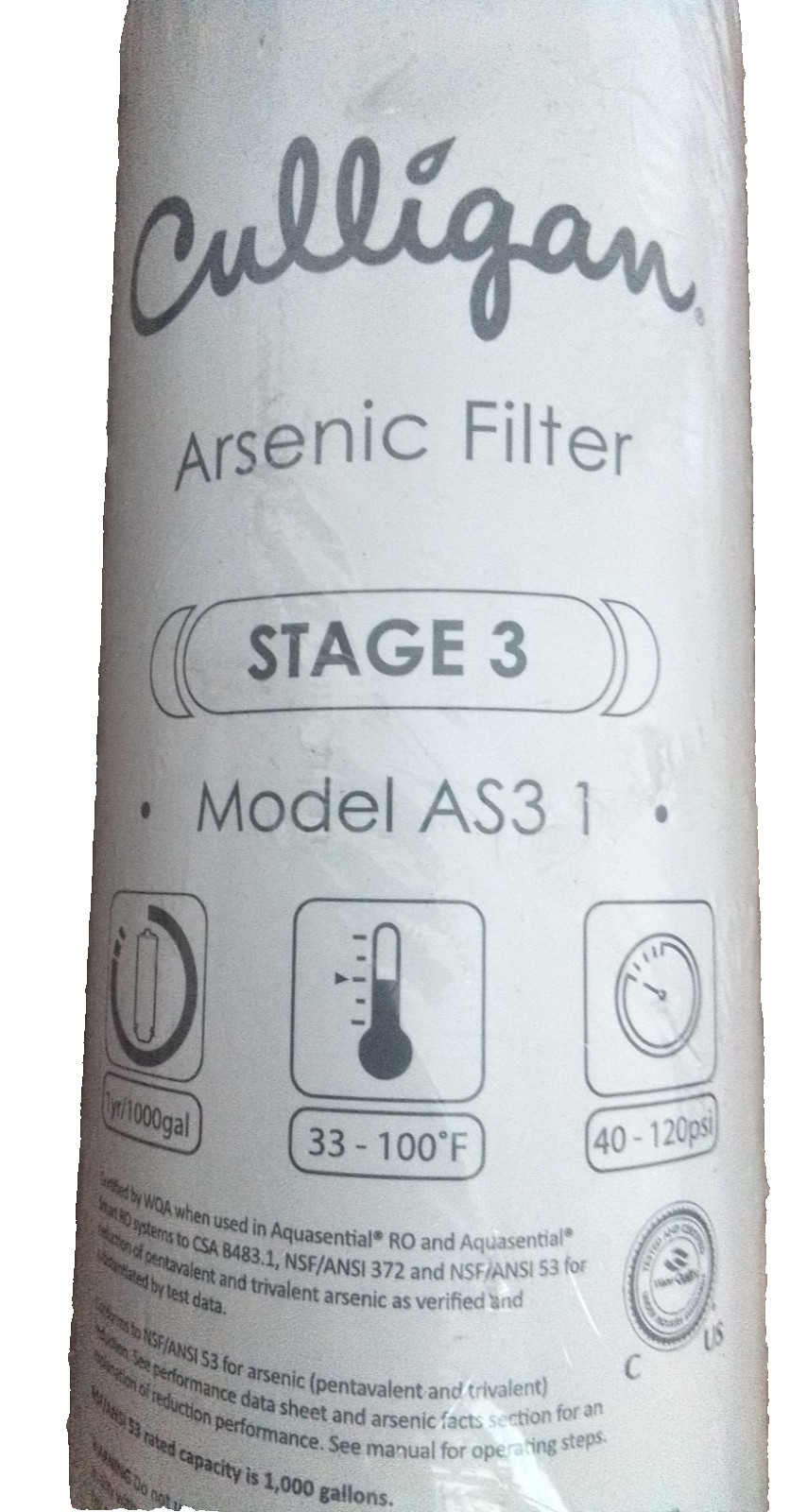 CULLIGAN,Arsenic Filter,STAGE 3,Model AS3 1.For Auquasential® RO,And Aquasential