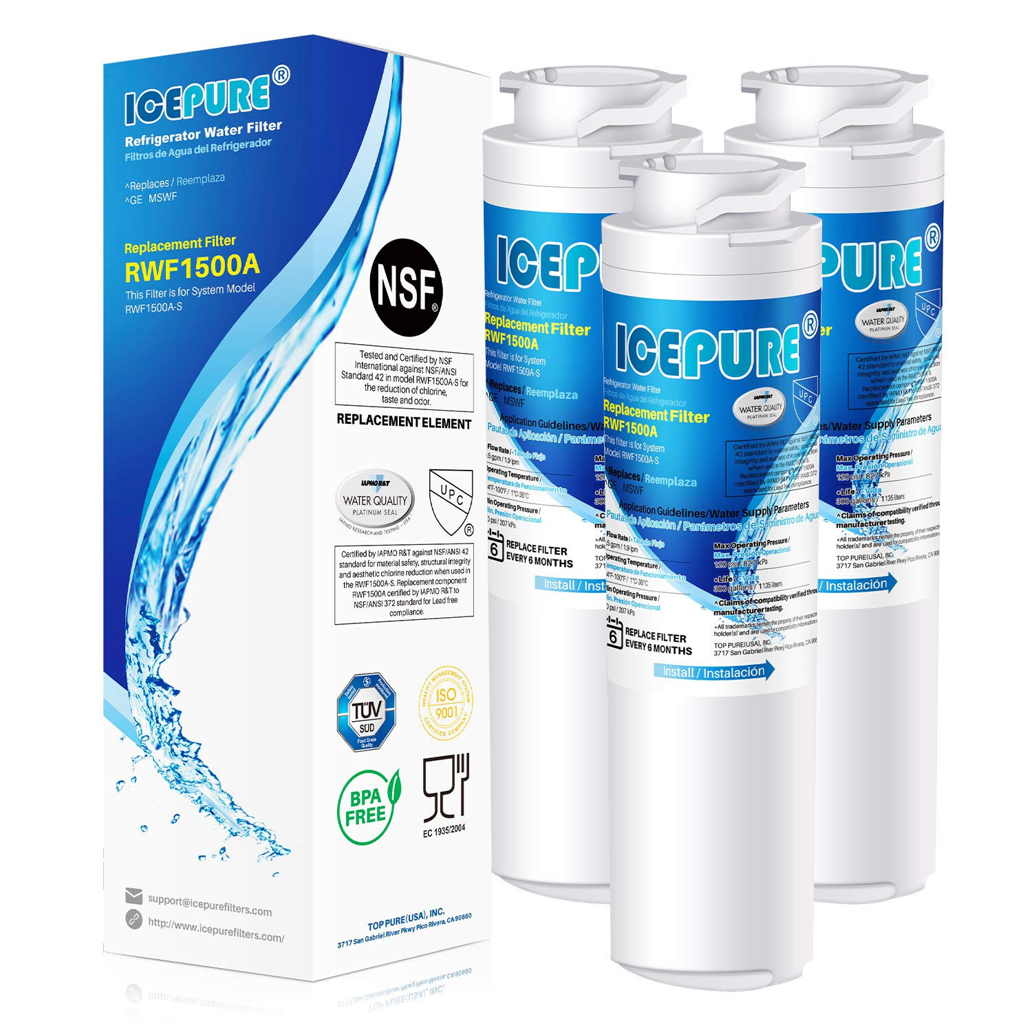 ICEPURE MSWF Refrigerator Water Filter Compatible with GE® MSWF, 3PACK