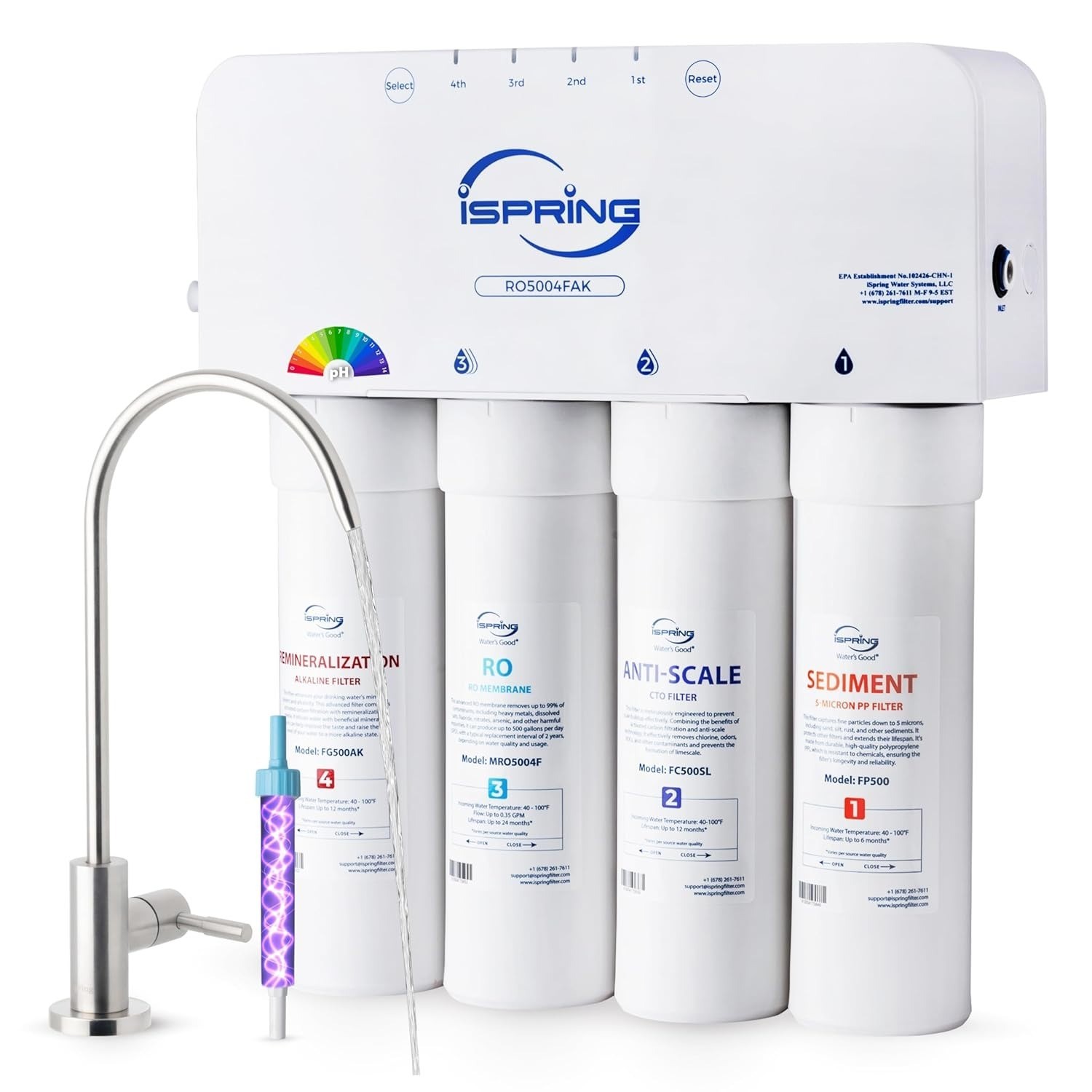 iSpring RO5004F-AK: 500 GPD Tankless RO w/ UV, Alkaline (pH+), 2:1 ratio.