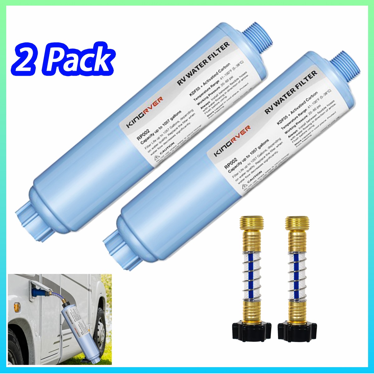 RV Inline Water Filter w/Flexible Hose For Marine Garden Camping Water 2 Pack