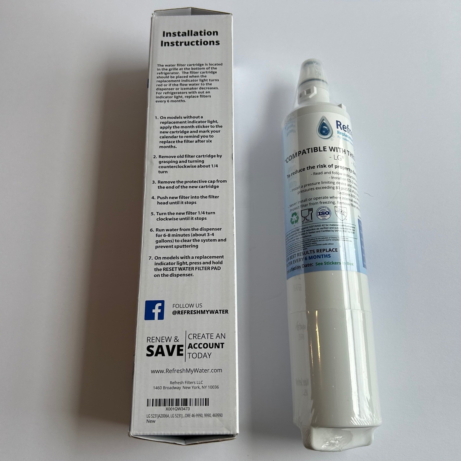 Refresh Refrigerator Water Filter R-9990 LG LT600P Kenmore 46-9990 White New 1PK