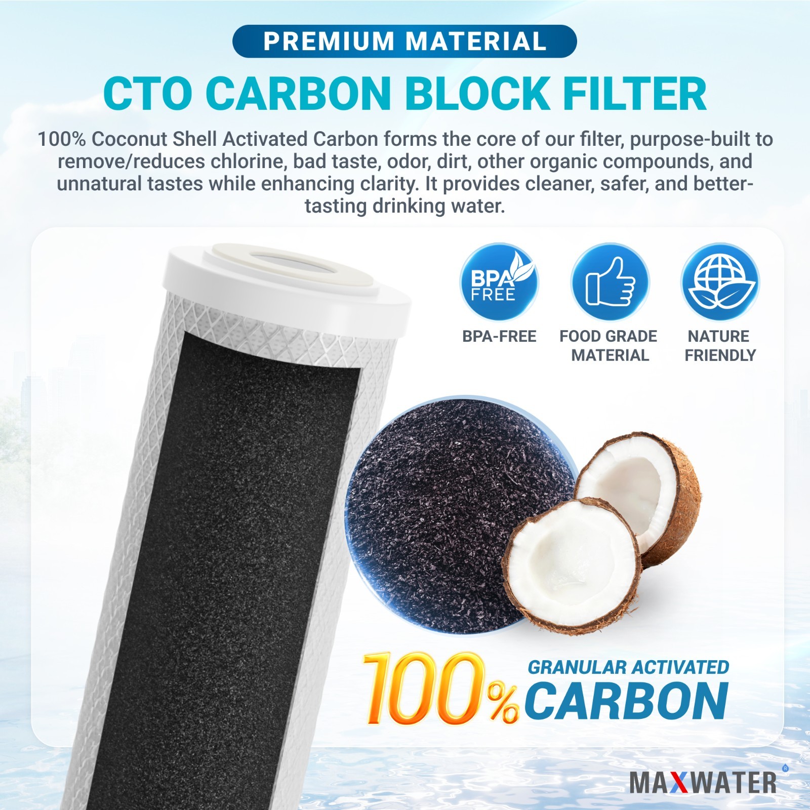 25 Pack 10″ x 2.5″ Coconut Shell CTO Carbon Block Water Filter, RO & Whole house