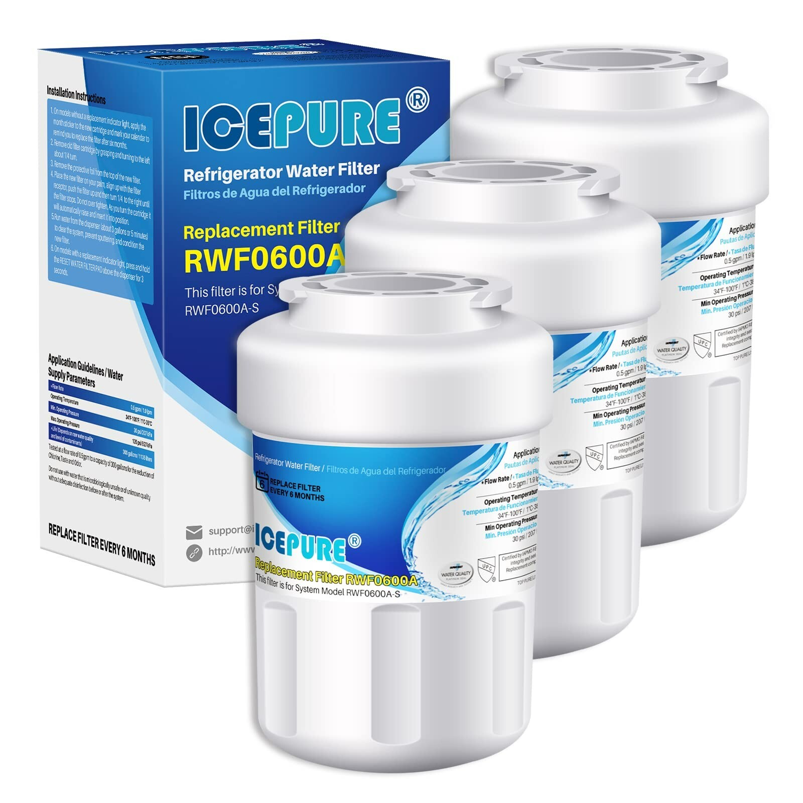 ICEPURE Replacement For GE MWF SmartWater MWFP GWF Fridge Water Filter 3 PACK