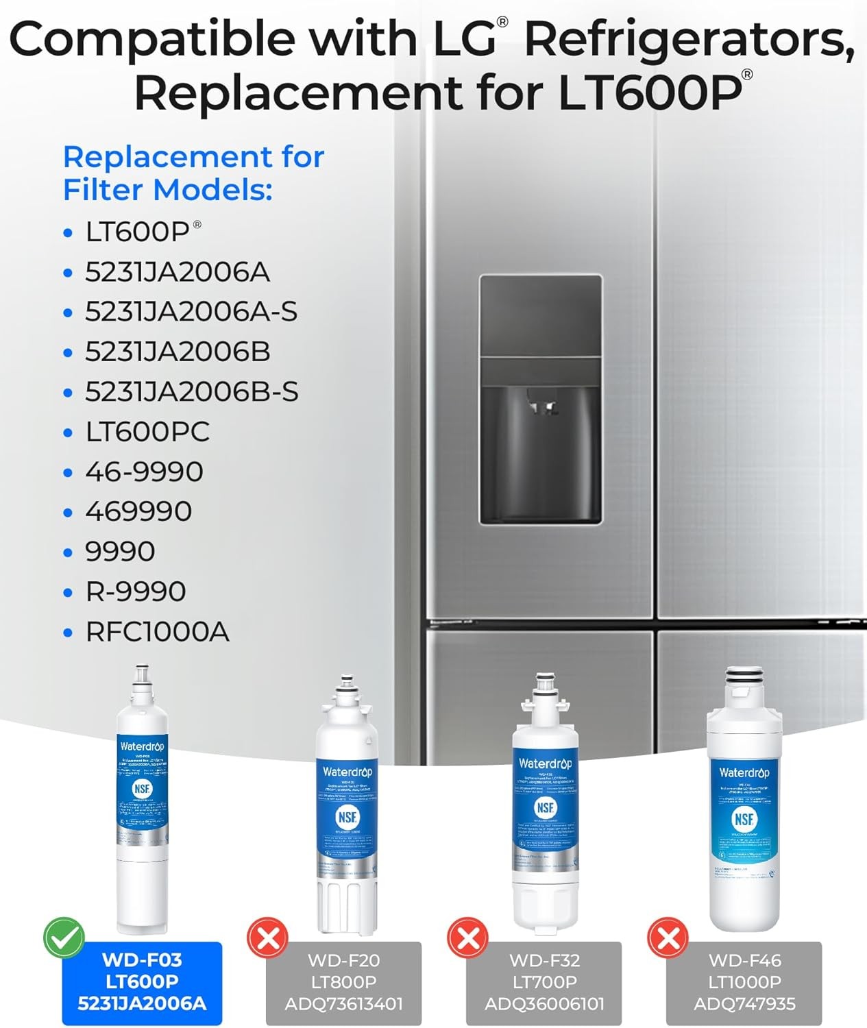 Waterdrop Water Filter Replacement for LG® LT600P®, KENMORE® 9990, 3 PACK
