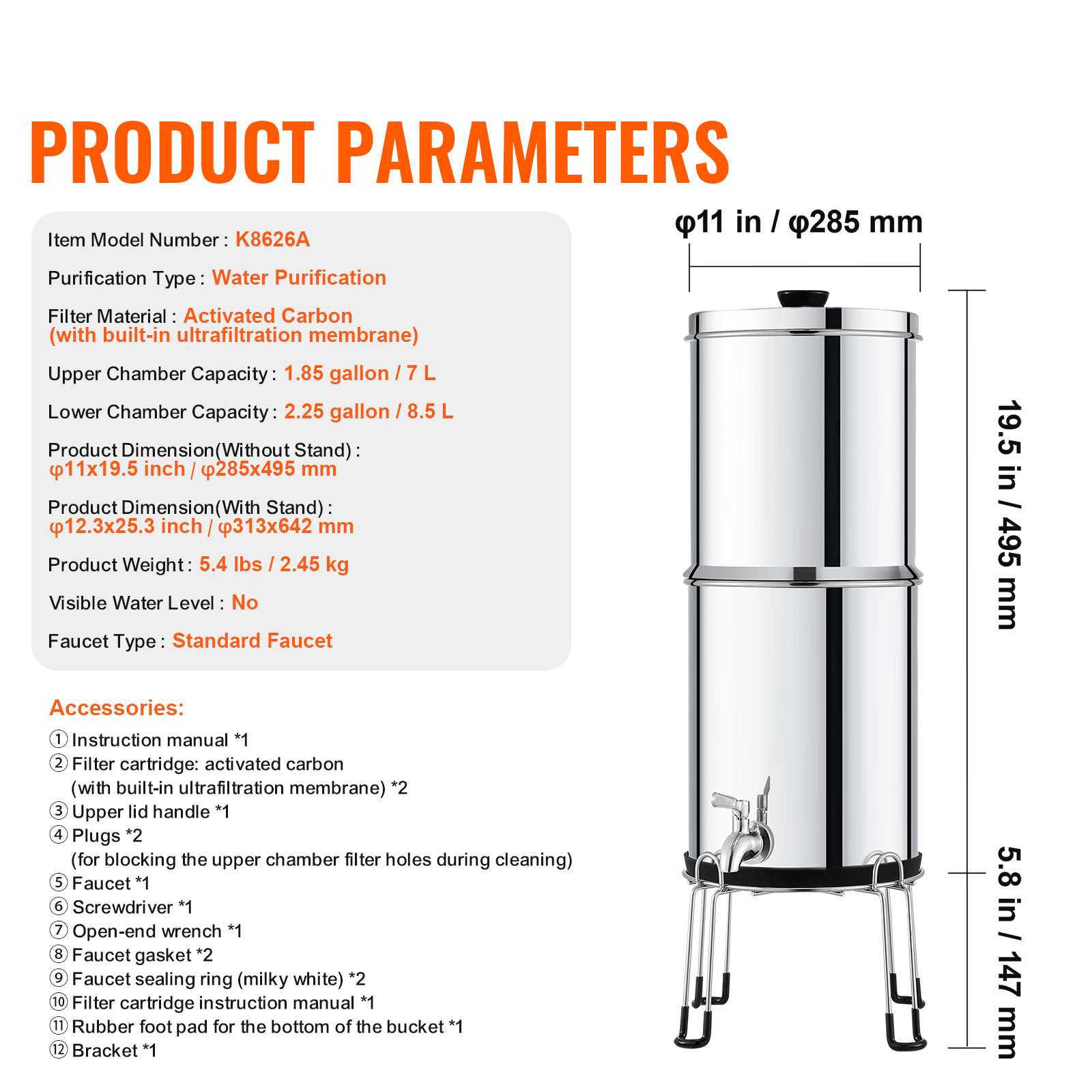 2.25G Gravity-fed Water Filter Countertop System Stainless Steel 2 Filters