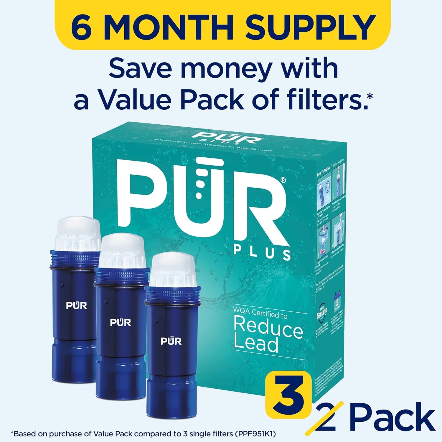 PUR Plus Water Filter Replacement for Pitchers & Dispensers – 3 Count, 6-Month