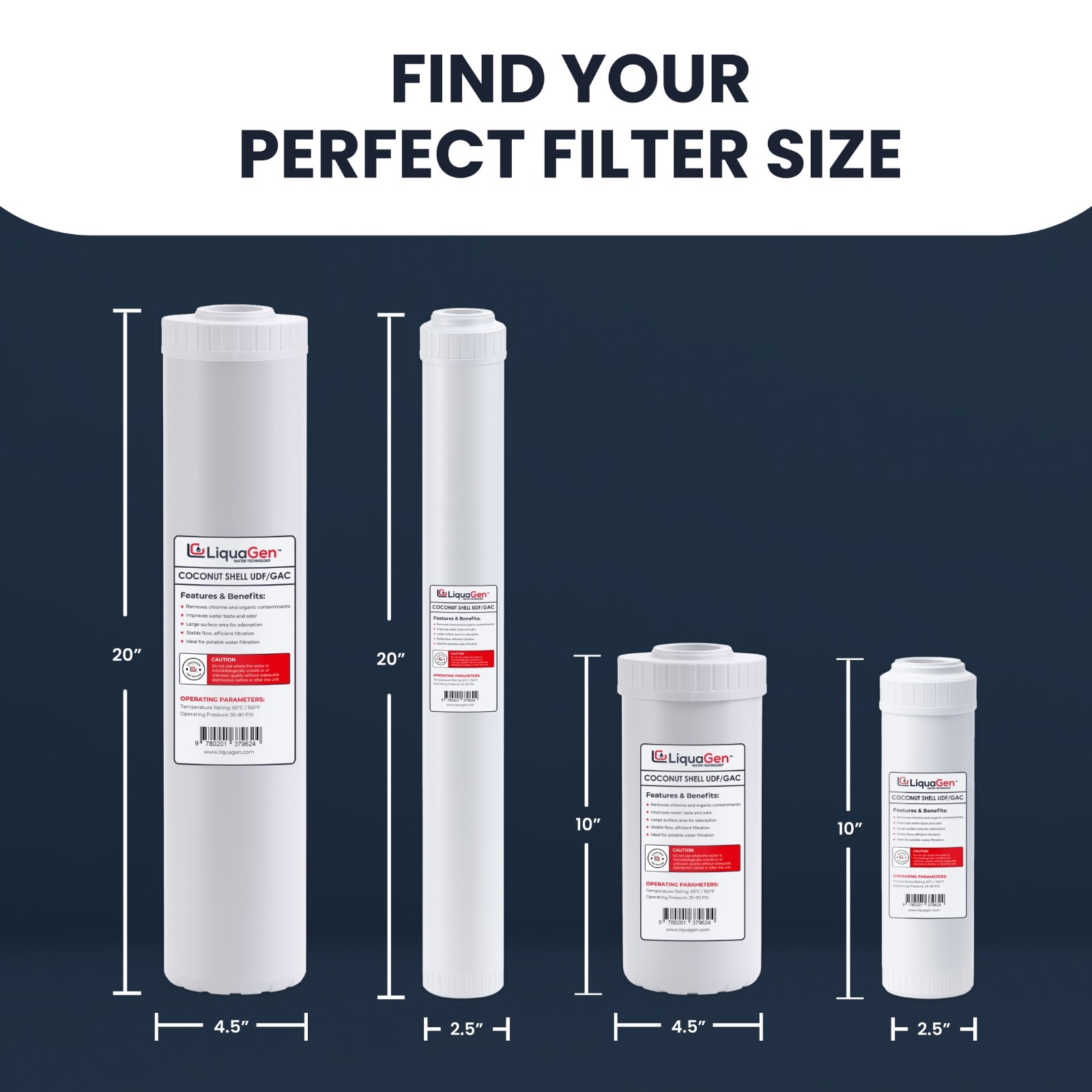 LiquaGen 2.5” x 20” GAC/UDF Filter Cartridge – Chlorine, Taste & Odor Reduction