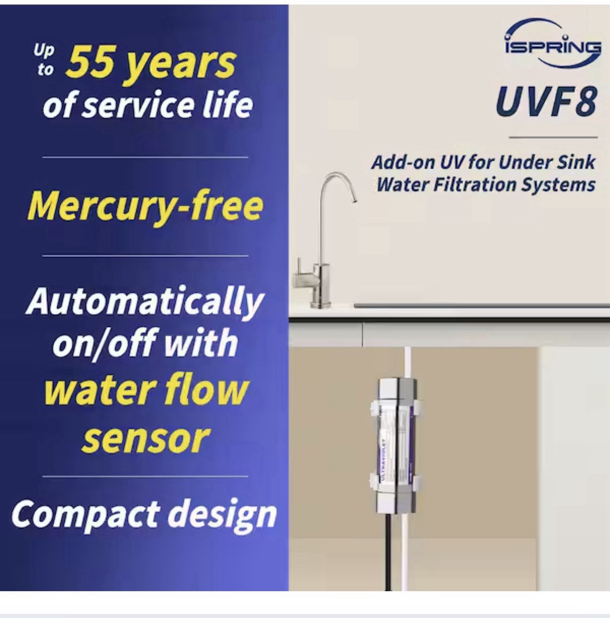 iSpring UVF8 LED UV Sanitizing Add-on Kit for Under Sink Water Filter Systems