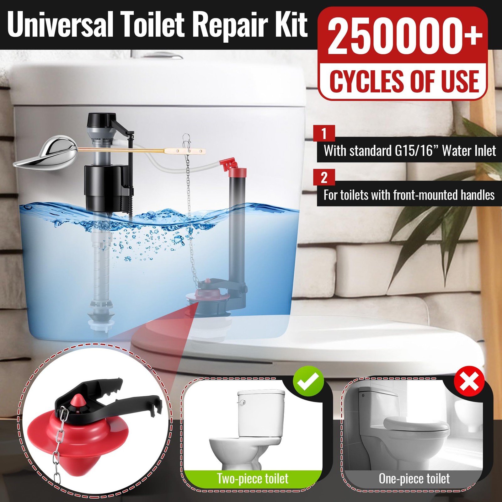 2 Inch Toilet Flusher Replacement Kit Adjustable Fill Valve Parts 1 Set