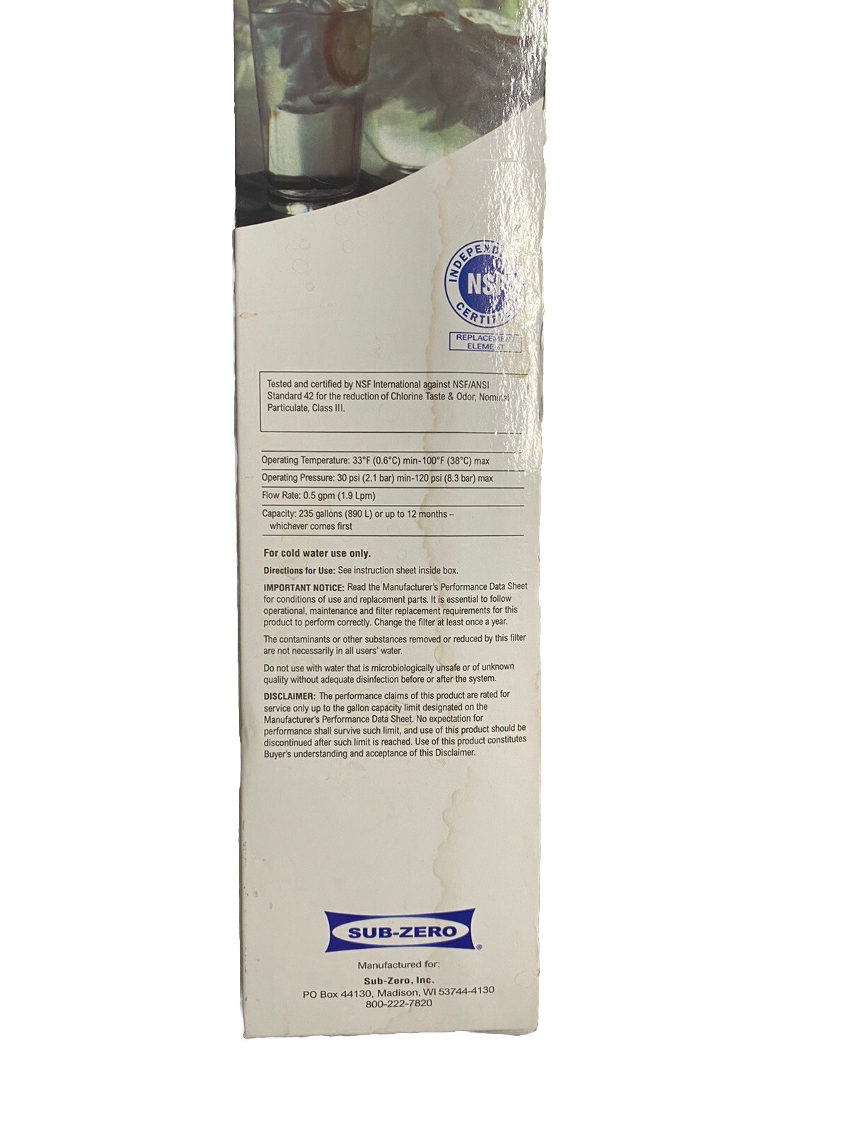 SUB ZERO Water Filter 7012333