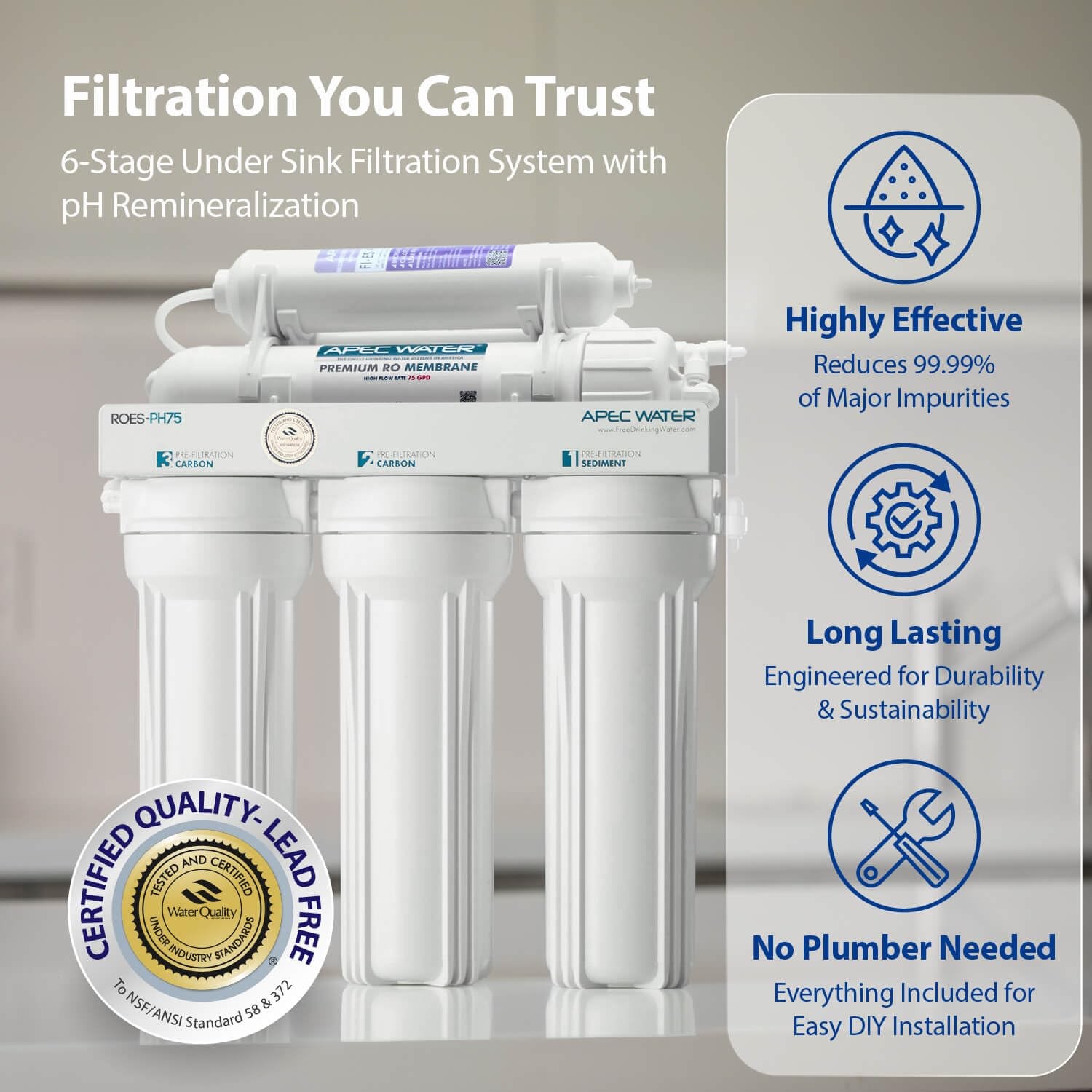 ROES-PH75, 6-Stage Alkaline Under Sink Reverse Osmosis Water Filter System, N…