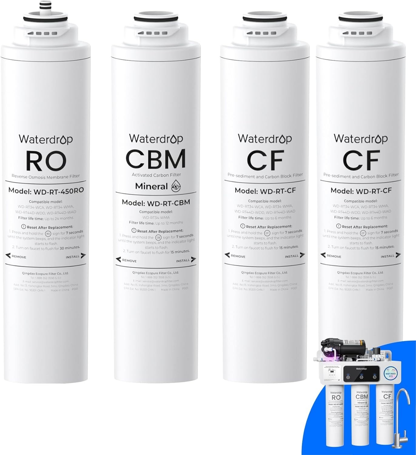 Waterdrop WD-T3-RCMO Replacement Filter, Pack of 1 RO, Pack of 2 CF and 1 CBM