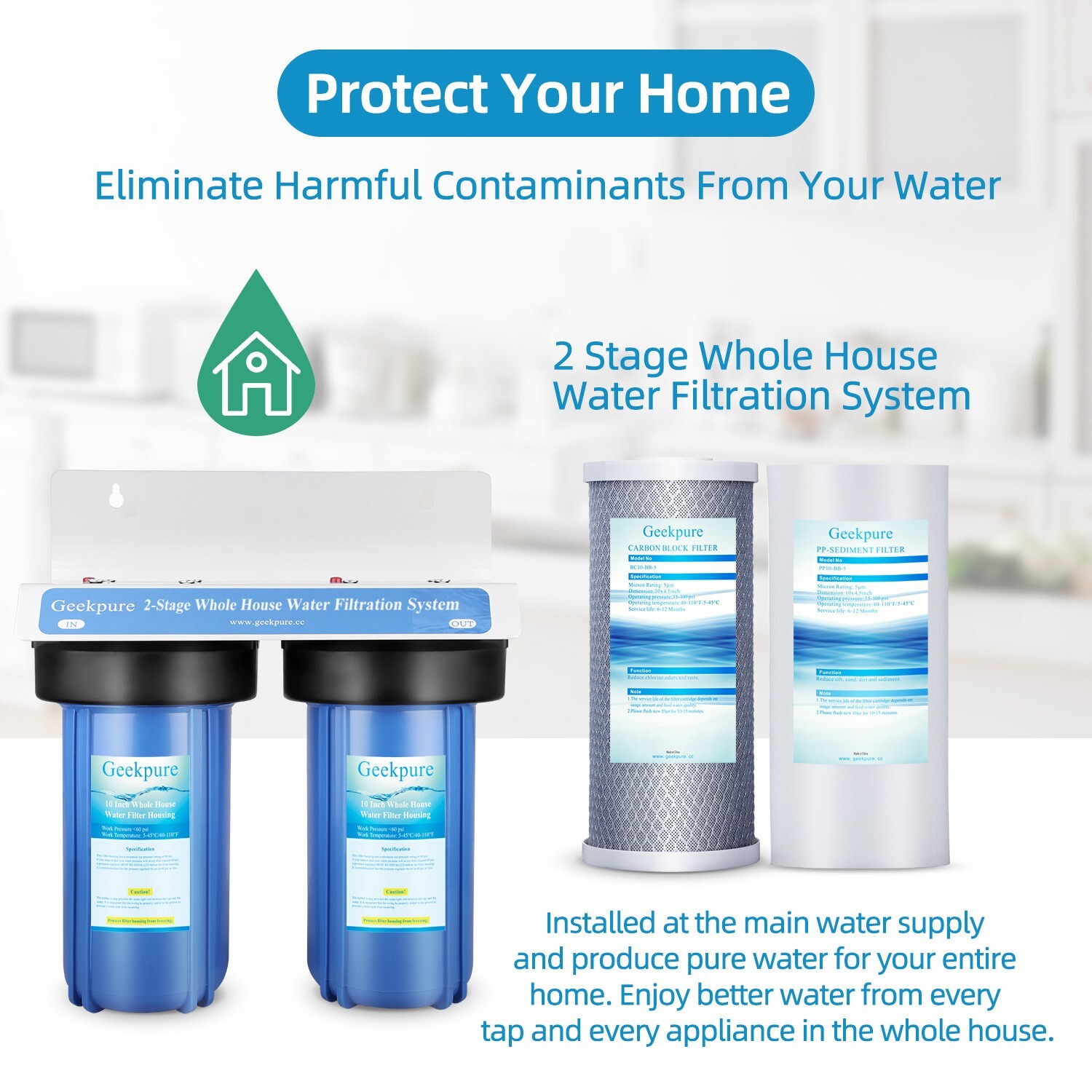 2 Stage Whole House Water Filter System with 10 Inch Housing-1 Inch In&Out